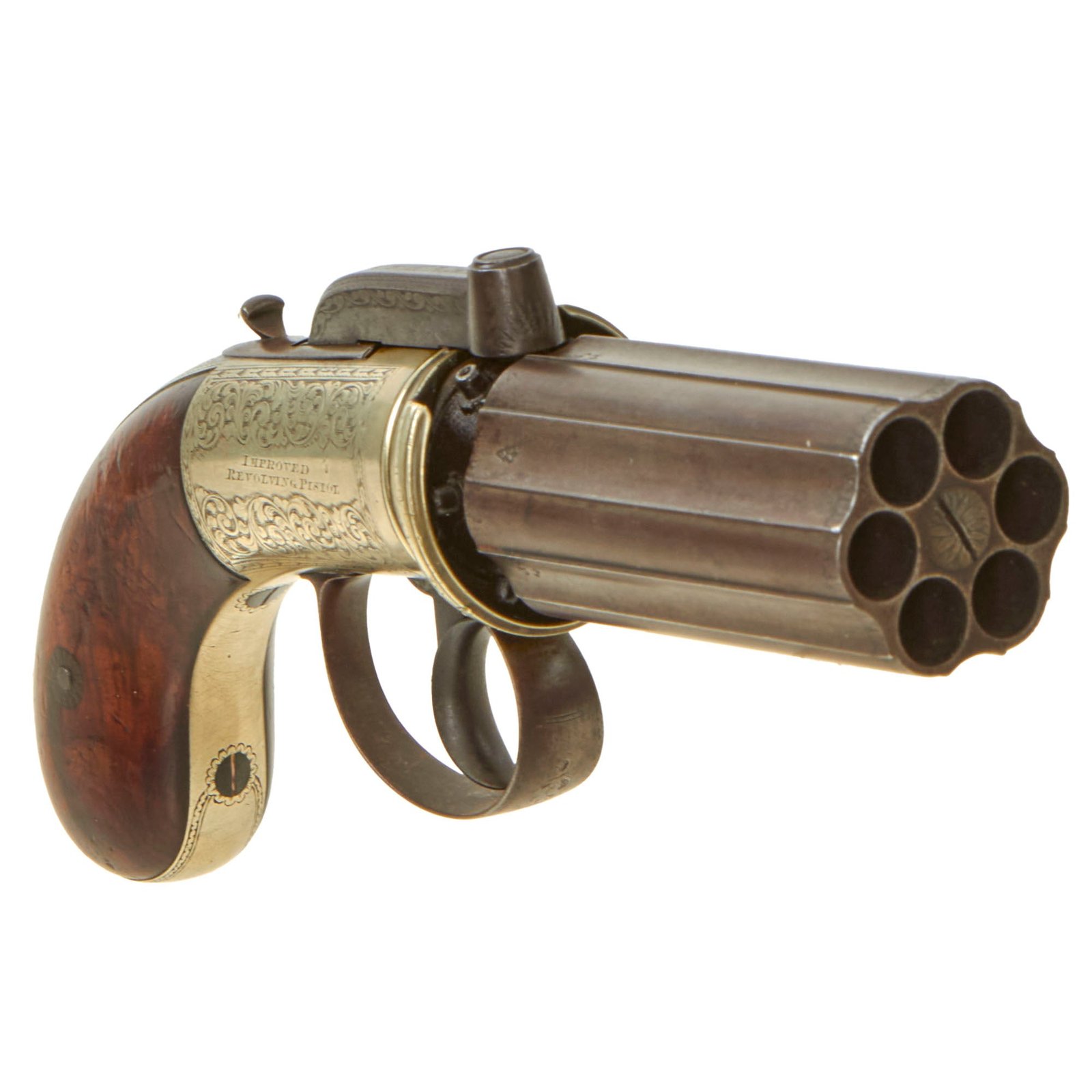 Buy Original British Victorian Nickel Silver Framed .45cal Pepperbox Percussion Revolver by John Blissett of London - circa 1850 | Original Firearms Antique For Sale