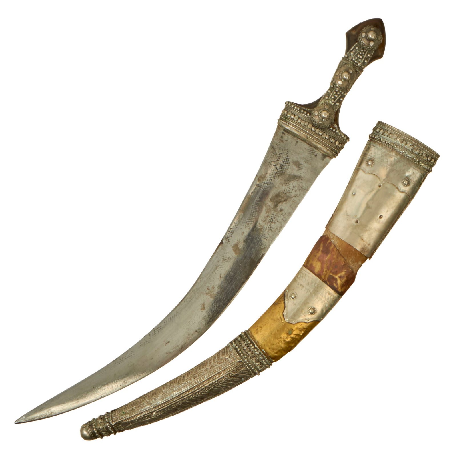 Buy Original 19th Century Yemeni Wahabite Silver & Brass Clad Jambiya Dagger with Scabbard c.1850 | Original Firearms Antique For Sale