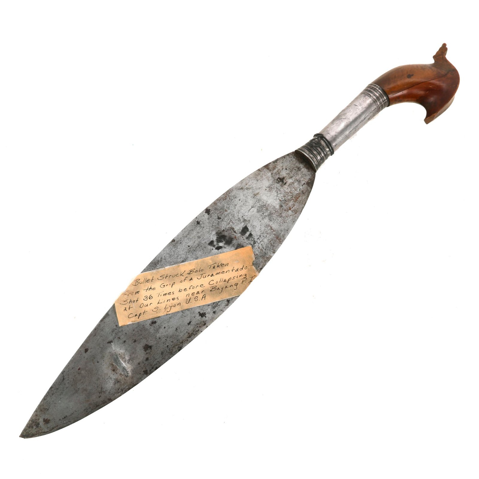 Buy Original U.S. Moro Rebellion Philippine Bullet-Struck Juramentado Barong Bolo Machete Captured during Battle of Bayang by Captain Samuel Lyon with Provenance Note | Original Firearms Antique For Sale