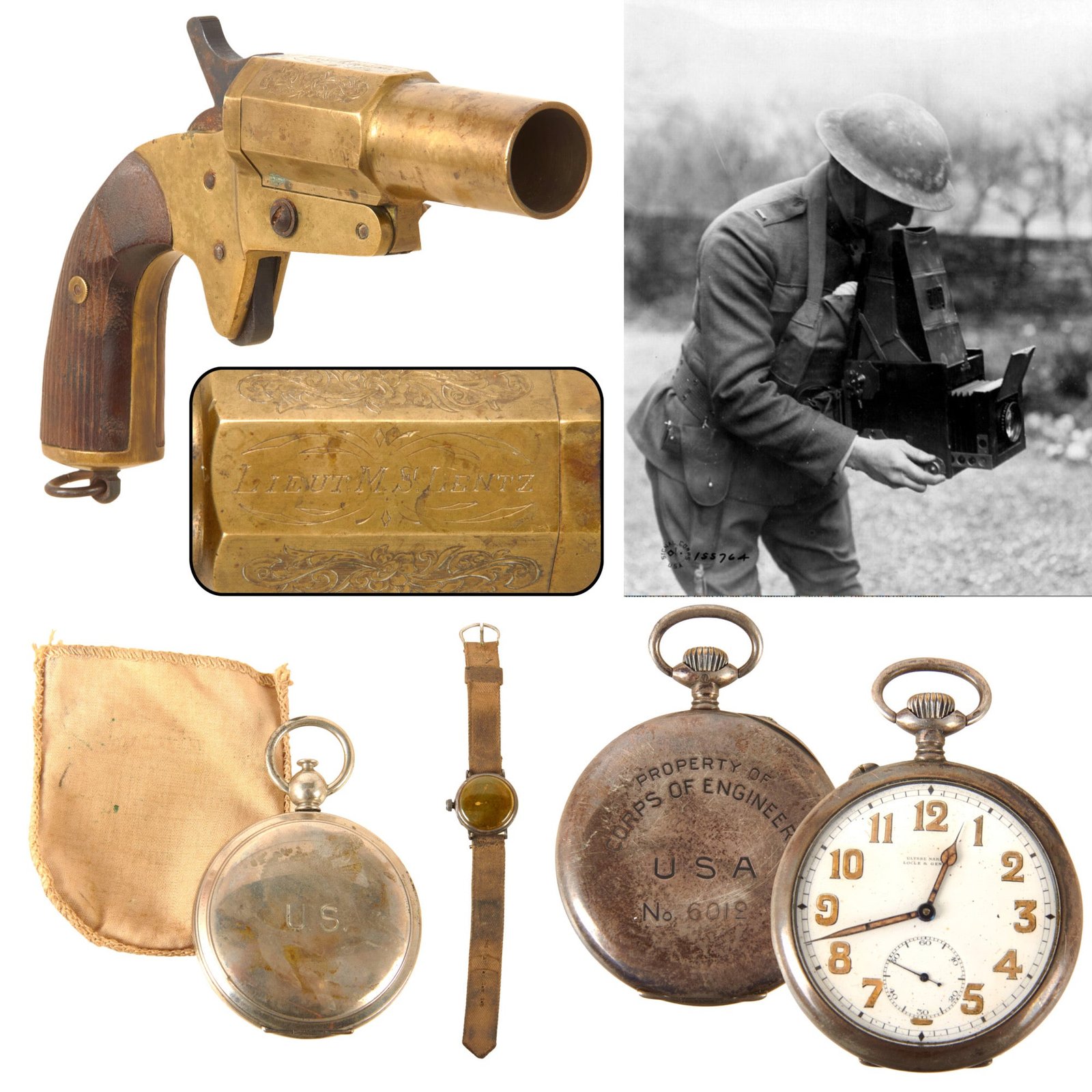 Original U.S. WWI 90th Division Signal Corps Photographer’s Engraved French Model 1917 Flare Pistol, Corps of Engineers Pocket Watch, Compass, and Trench Watch - Lieutenant Meyer Schamberg Lentz, Photographer on Pershing’s Staff