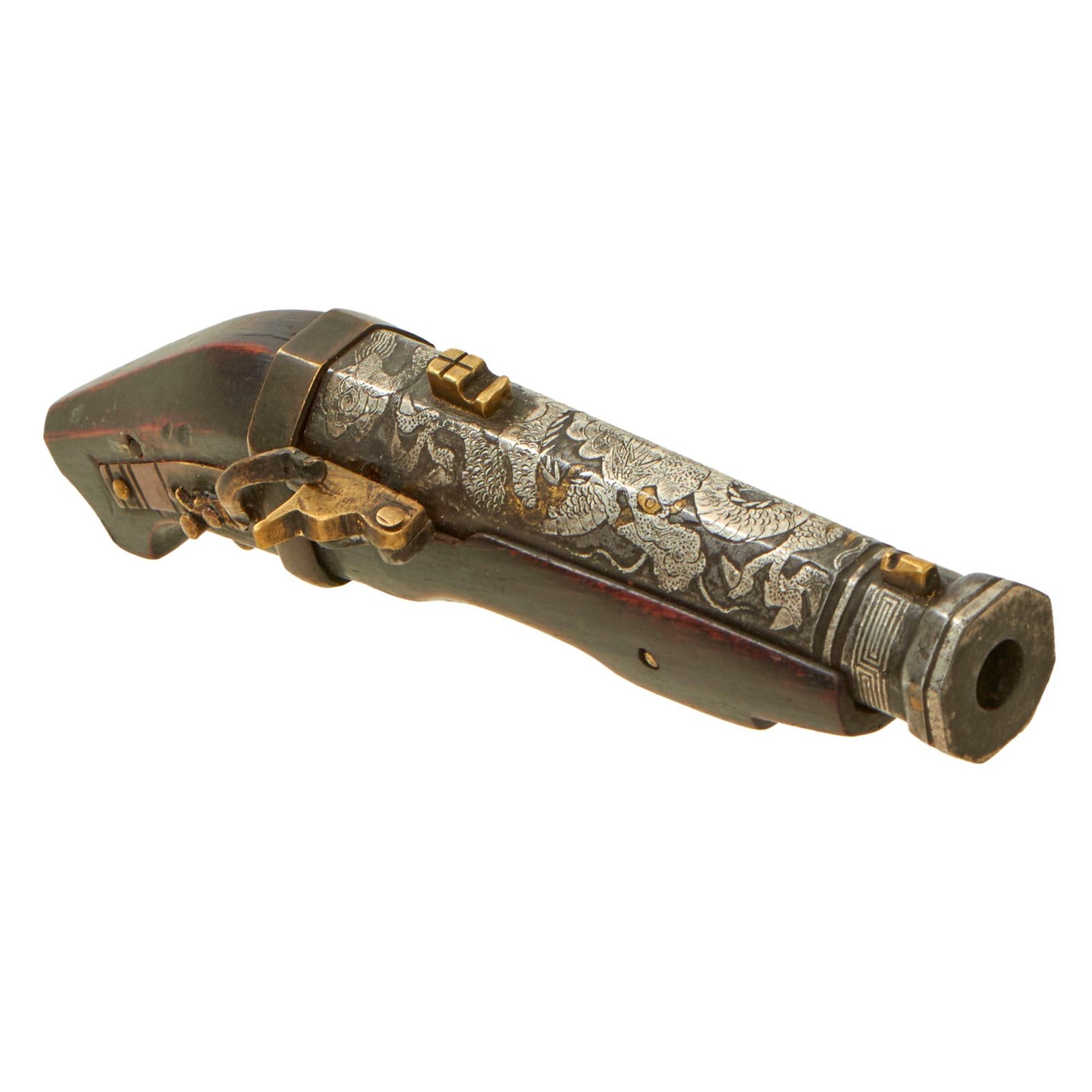 Buy Original Japanese Edo Period Tan-zutsu Matchlock Tanegashima Pistol with Ornate Silver and Brass Inlaid Barrel - Circa 1750 | Original Firearms Antique For Sale