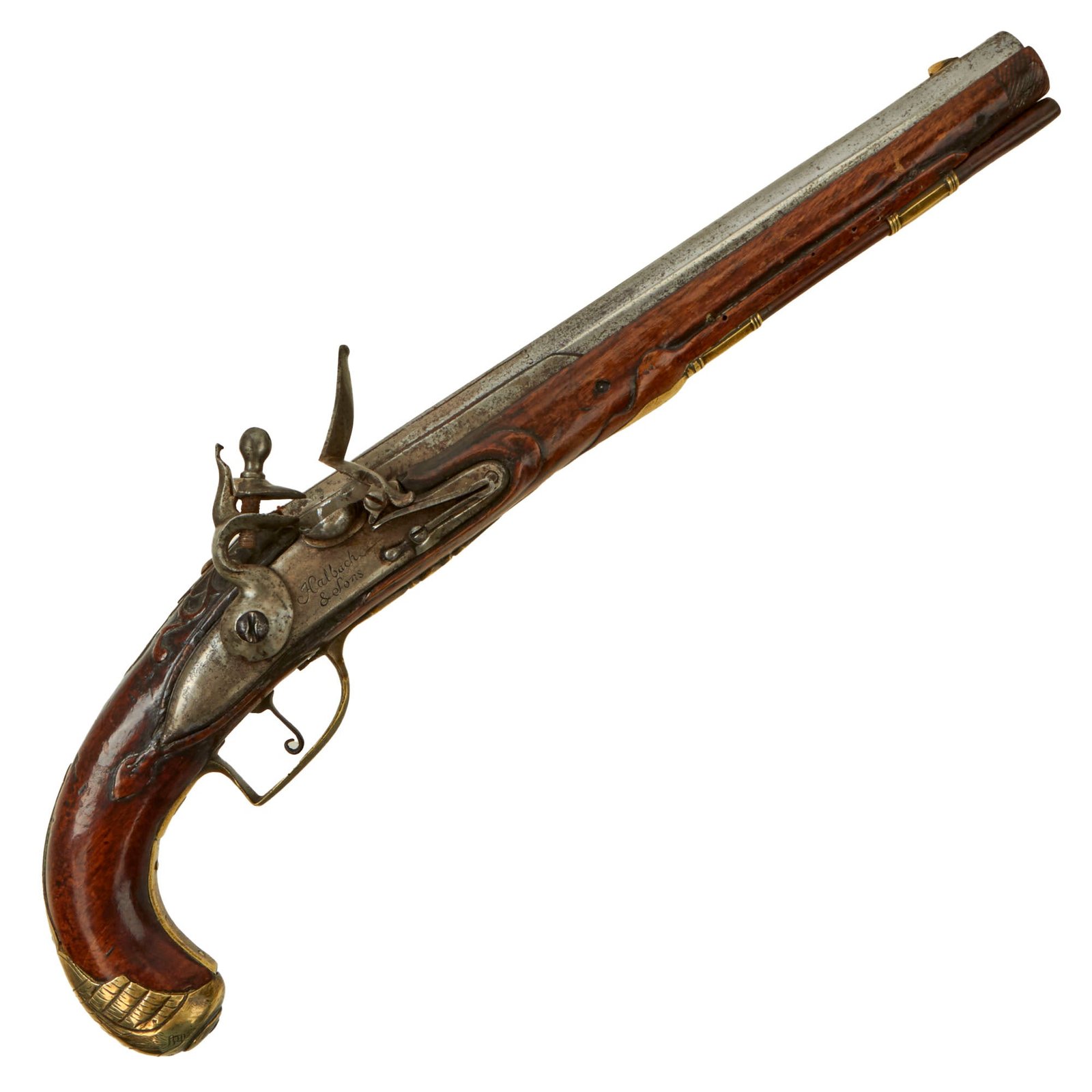 Buy Original U.S. Brass Mounted Colonial Flintlock Pistol by Halbach & Sons with American Eagle Butt Cap - Circa 1780 | Original Firearms Antique For Sale