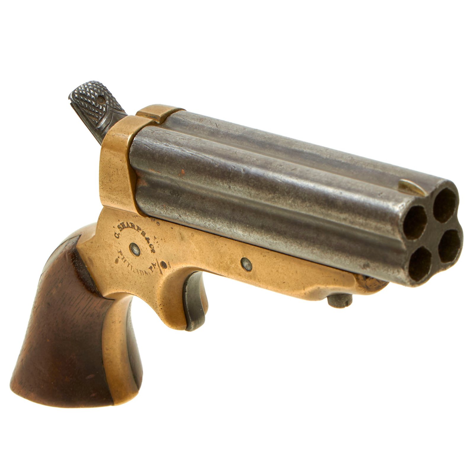 Buy Original U.S. 19th Century Sharps Model 2C .30 Rimfire 4 Barrel Brass Frame Pepperbox Pistol - Serial 294 | Original Firearms Antique For Sale