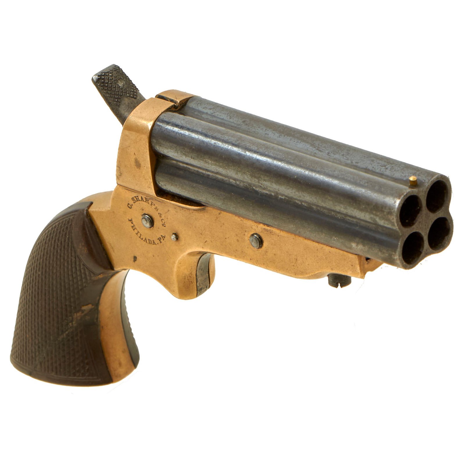 Buy Original Excellent U.S. 19th Century Sharps Model 2C .30 Rimfire 4 Barrel Brass Frame Pepperbox Pistol - Serial 15637 | Original Firearms Antique For Sale
