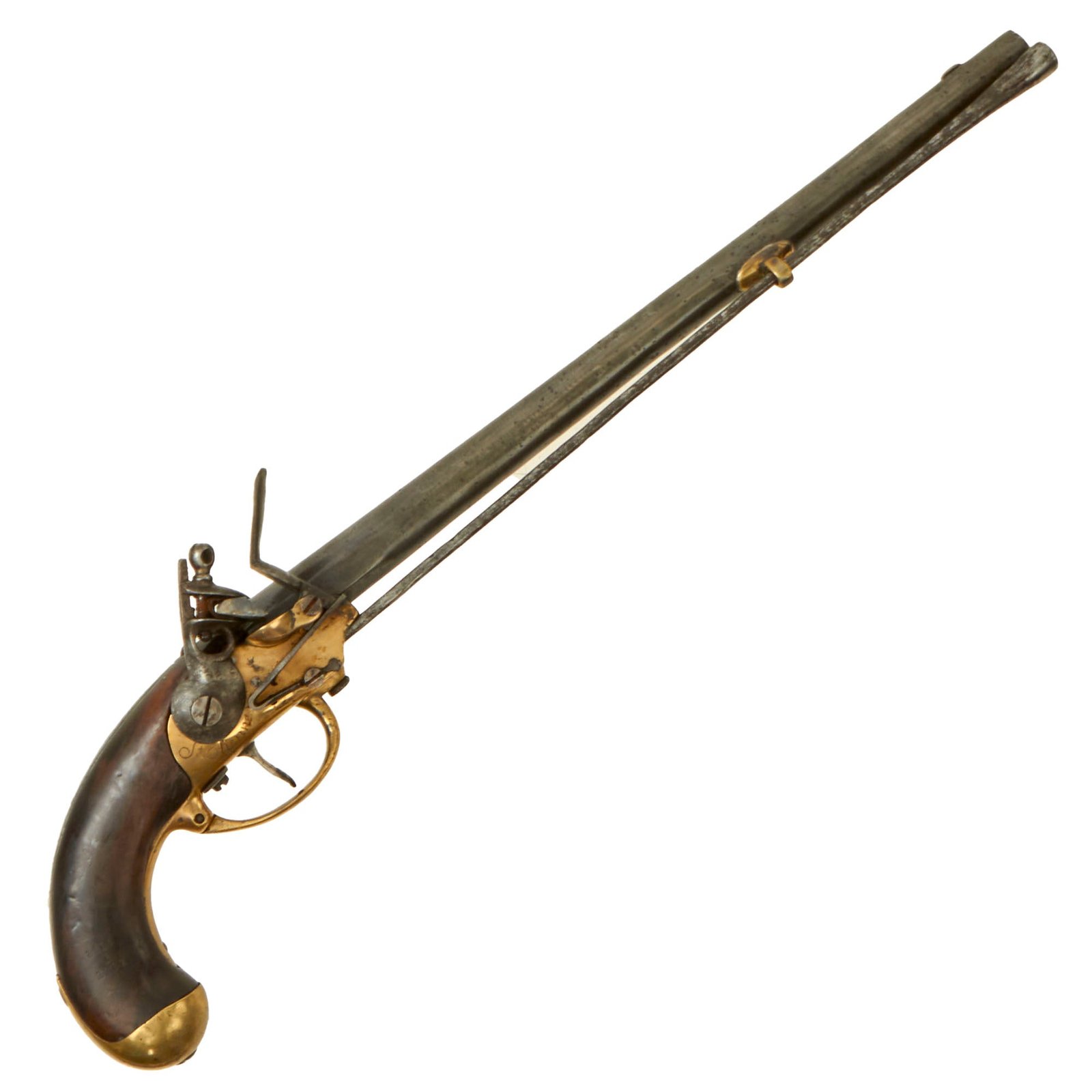 Buy Original Rare French Long Barrel Modèle 1777 Brass Frame Flintlock Cavalry Pistol by St.-Étienne Arsenal with Intact Belt Hook - Dated 1782 | Original Firearms Antique For Sale