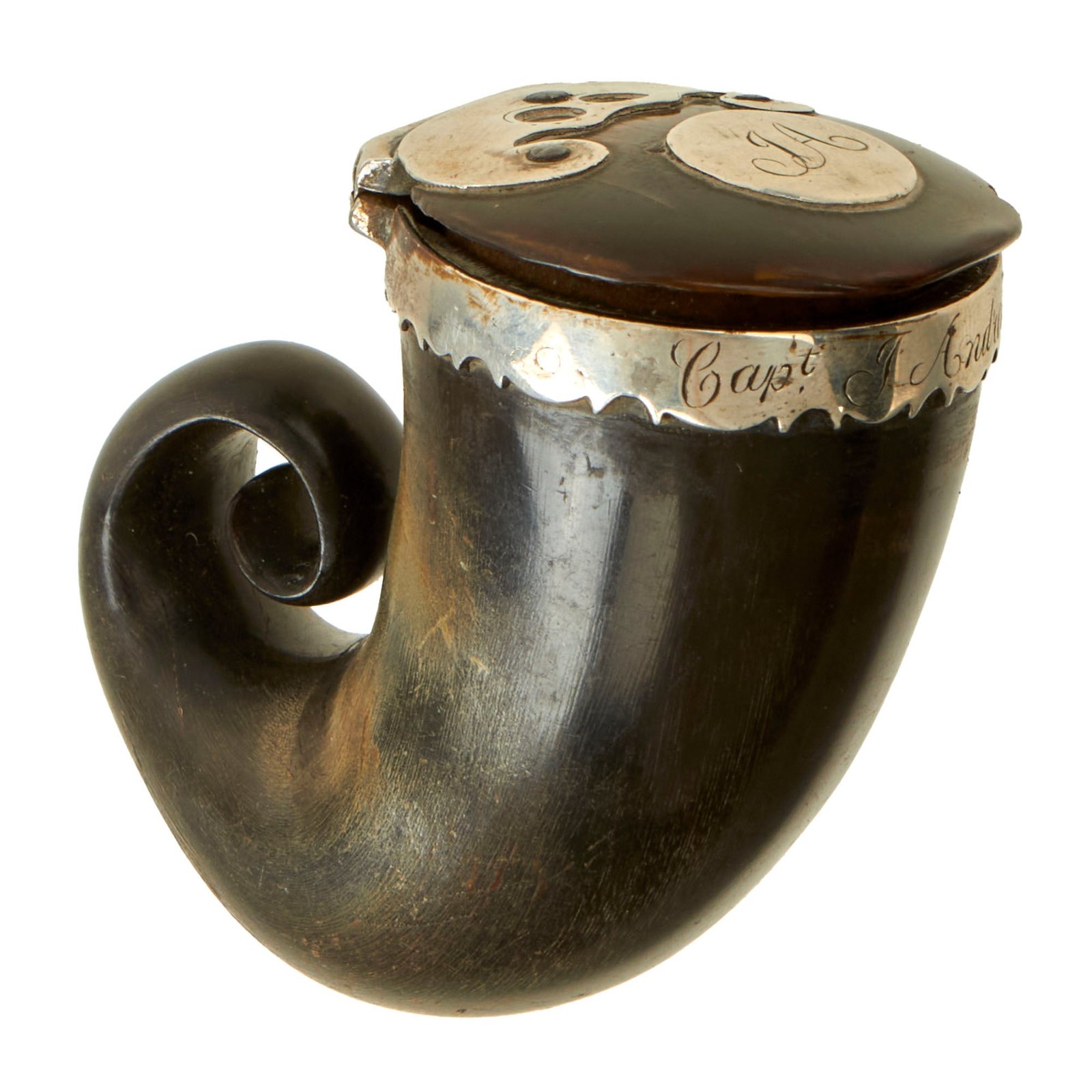 Buy Original Scottish Victorian Silver Mounted Ram’s Horn Snuff Mull Named to Capt. J. Andrew of the 71st Regiment of Foot | Original Firearms Antique For Sale