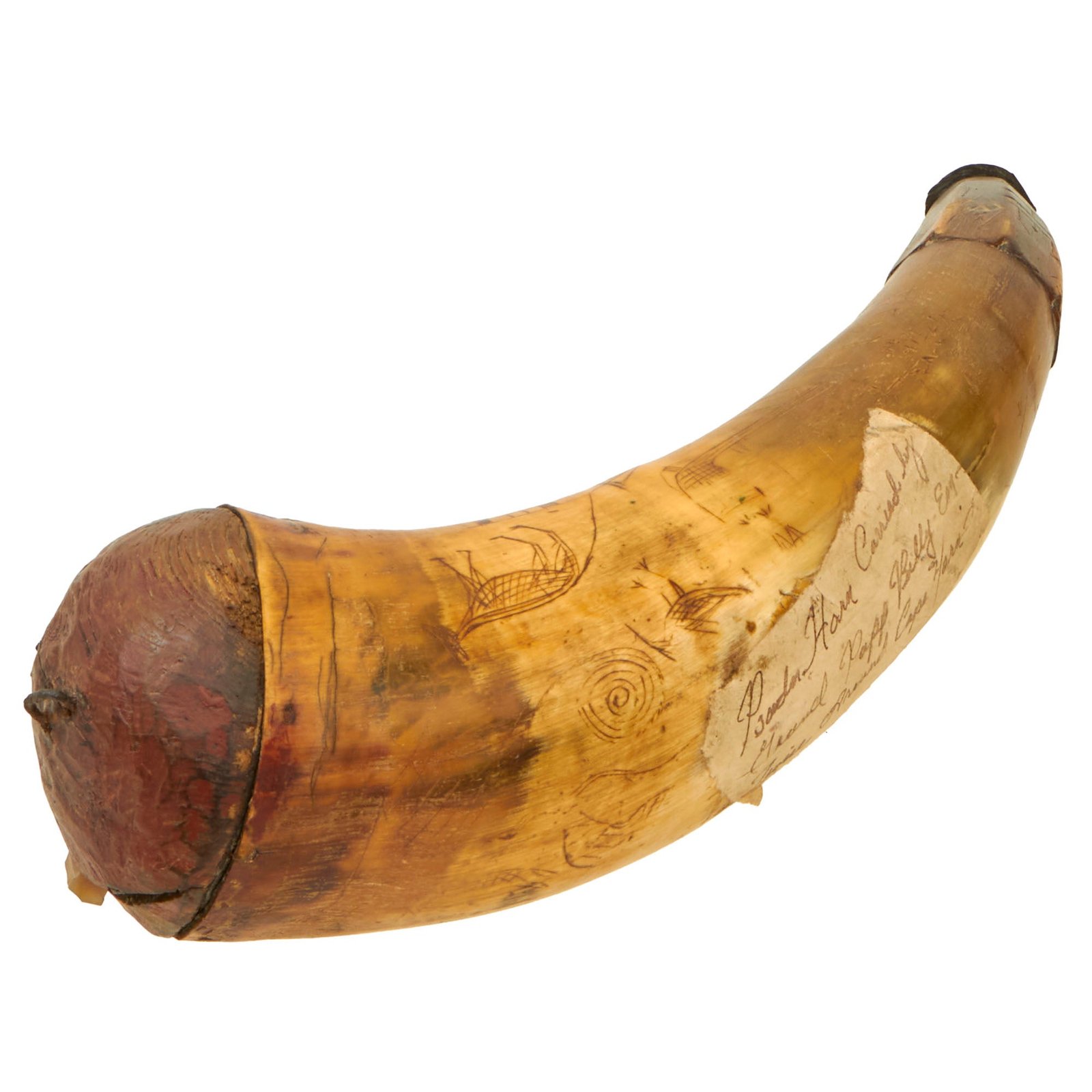 Buy Original British Early 19th Century Named & Hand Carved Scrimshaw Cowhorn Powder Horn with Carved Flint Pocket & Provenance Note - Dated 1839 | Original Firearms Antique For Sale