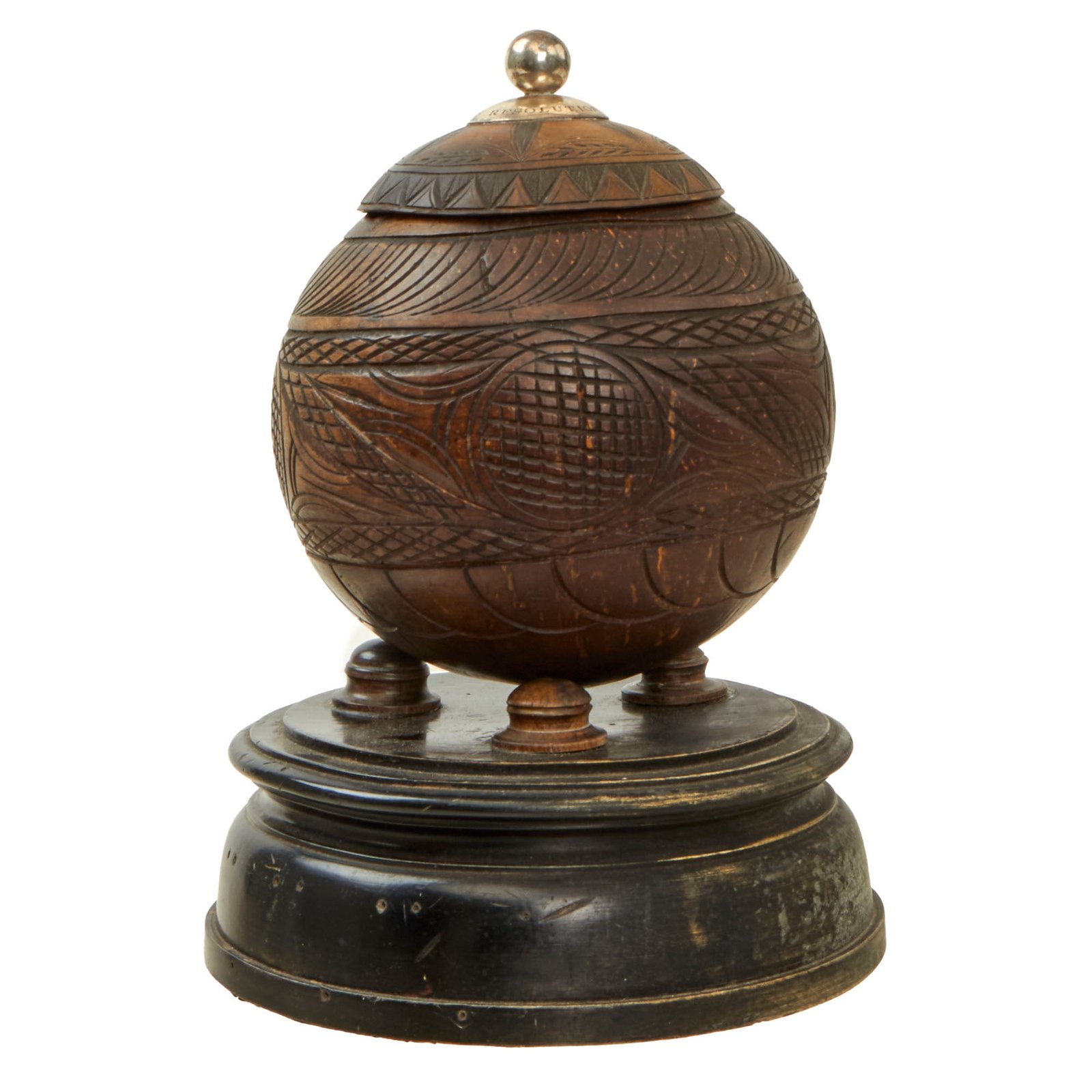 Buy Original British 1778 “Owyhee” HMS Resolution Navy Silver-Mounted “Bugbear” Carved Coconut from First European Contact with Hawaiian Islands - Voyage of Captain James Cook | Original Firearms Antique For Sale