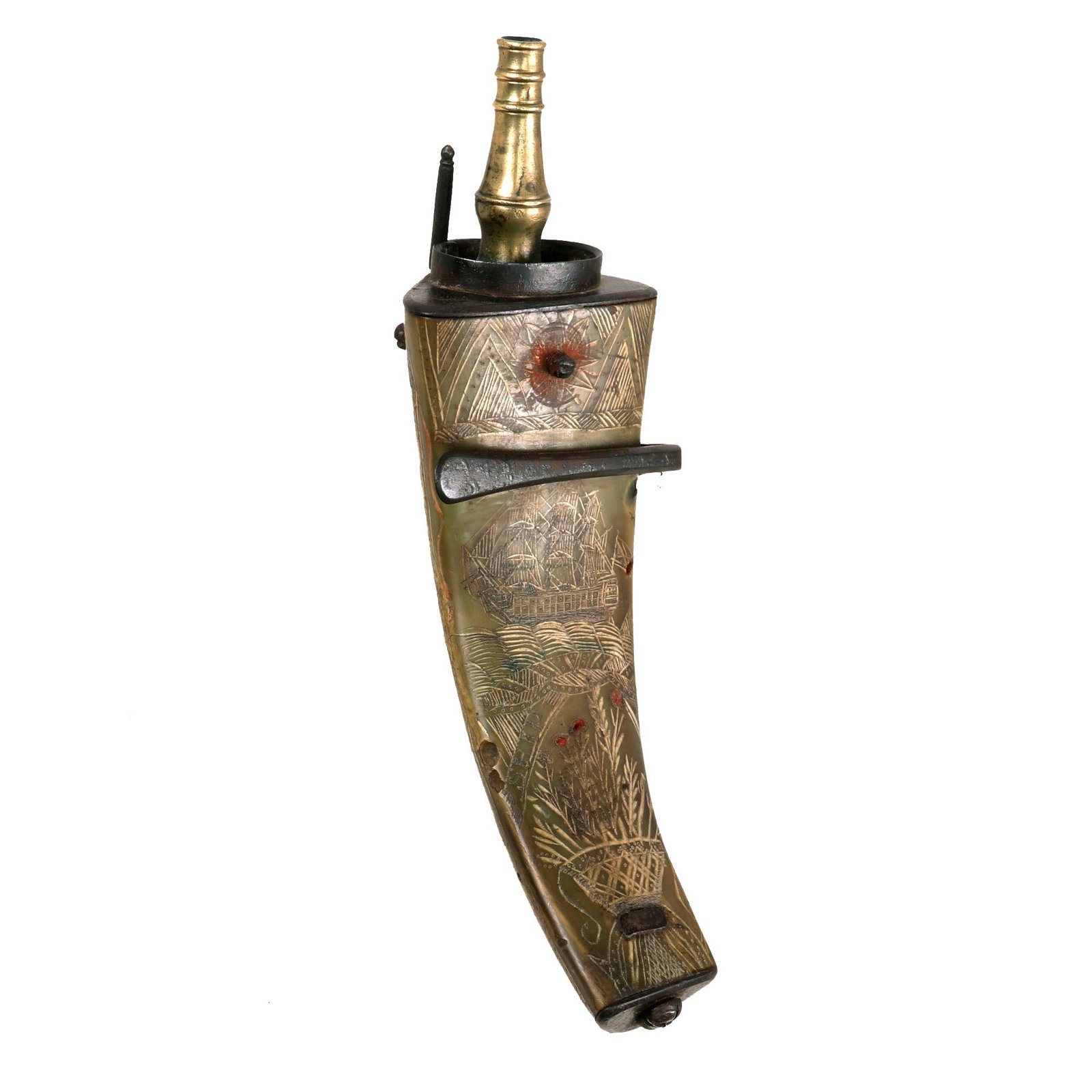 Buy Original British Early 18th Century Naval Hand Carved Scrimshaw Powder Horn with Belt Hook - Engraved with “Man ‘O War” Ship Rio - Circa 1710 | Original Firearms Antique For Sale