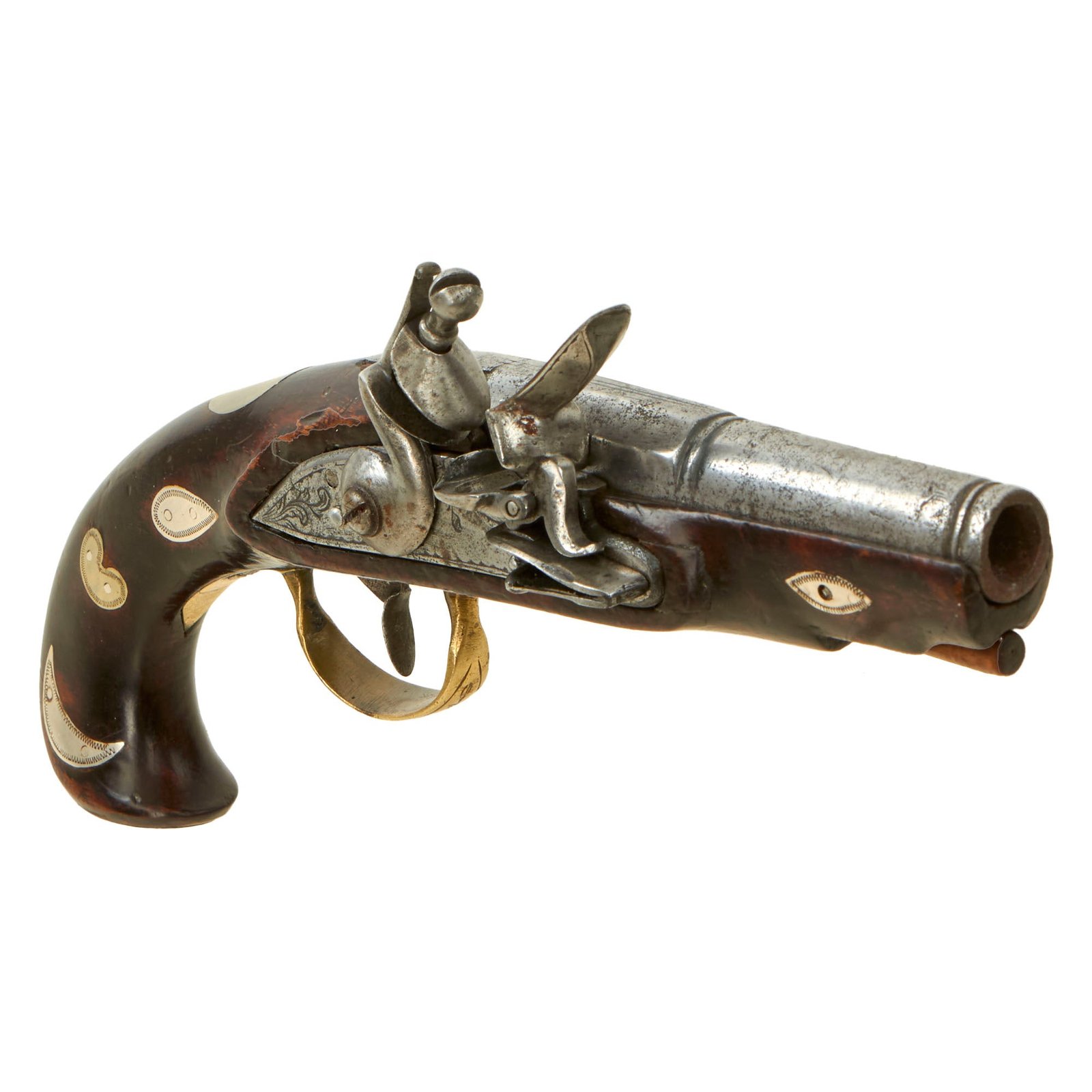 Buy Original U.S. Colonial Era Silver Mounted Flintlock Pocket Pistol with Engraved Brass Trigger Guard - Circa 1780 - 1800 | Original Firearms Antique For Sale