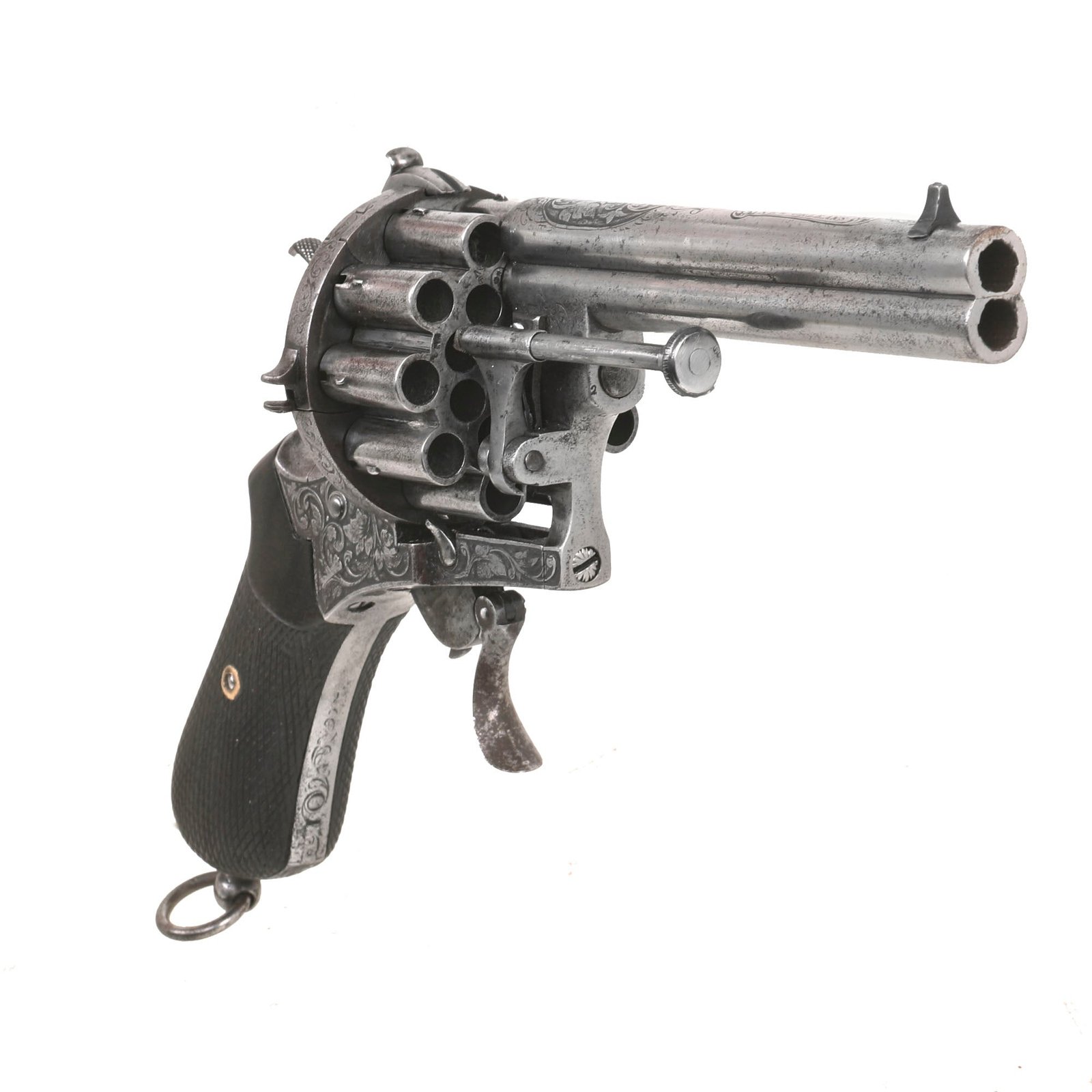 Buy Original U.S. Civil War Hyde & Goodrich Imported Belgian 20 Shot Double Barrel 8mm Pinfire Revolver with Engraved Frame - Serial 692 | Original Firearms Antique For Sale