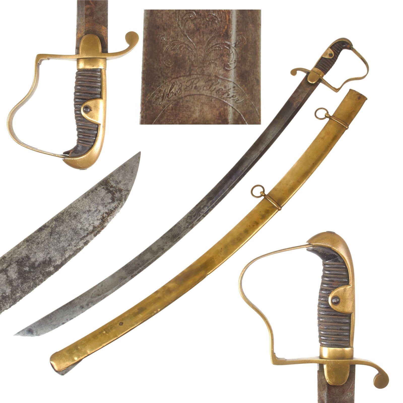 Buy Original Mid-19th Century Continental Officer’s Sword with Fire-Blued Gold-Inlaid Blade & Scabbard by H&R Böker of Remscheid | Original Firearms Antique For Sale