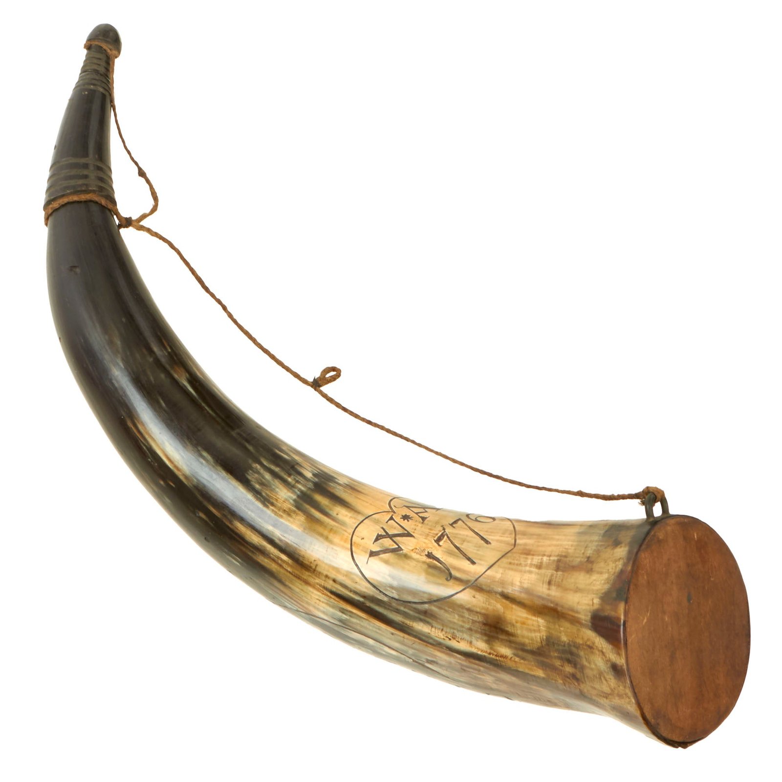 Buy Original U.S. Revolutionary War Large Gunner’s Powder Horn with Plug & Original Suspension - Inscribed | Original Firearms Antique For Sale