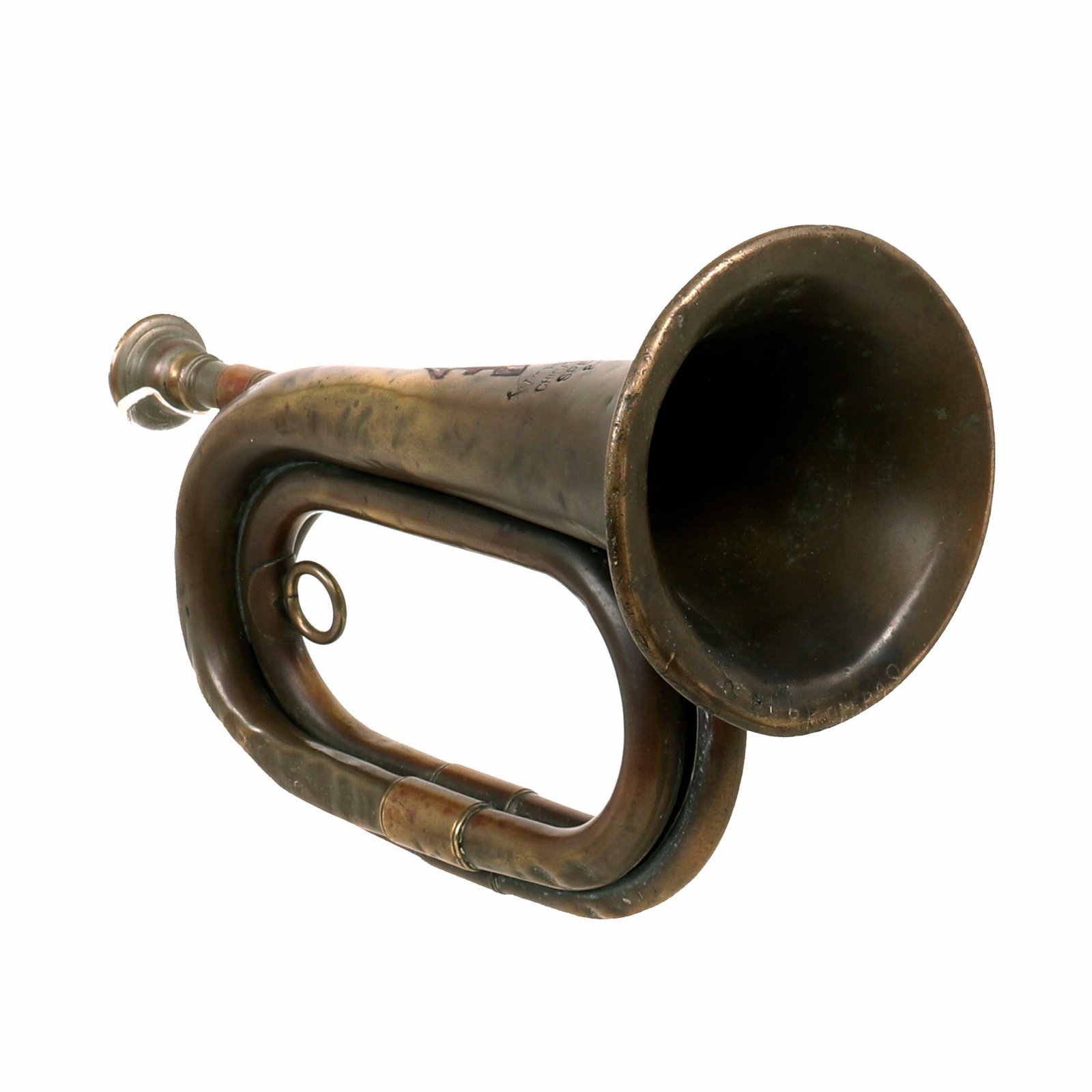 Buy Original U.S. WWI 32nd Division “Les Terribles” AEF Engraved Military Brass Bugle by Wurlitzer with Mouthpiece - Dated 1917 | Original Firearms Antique For Sale