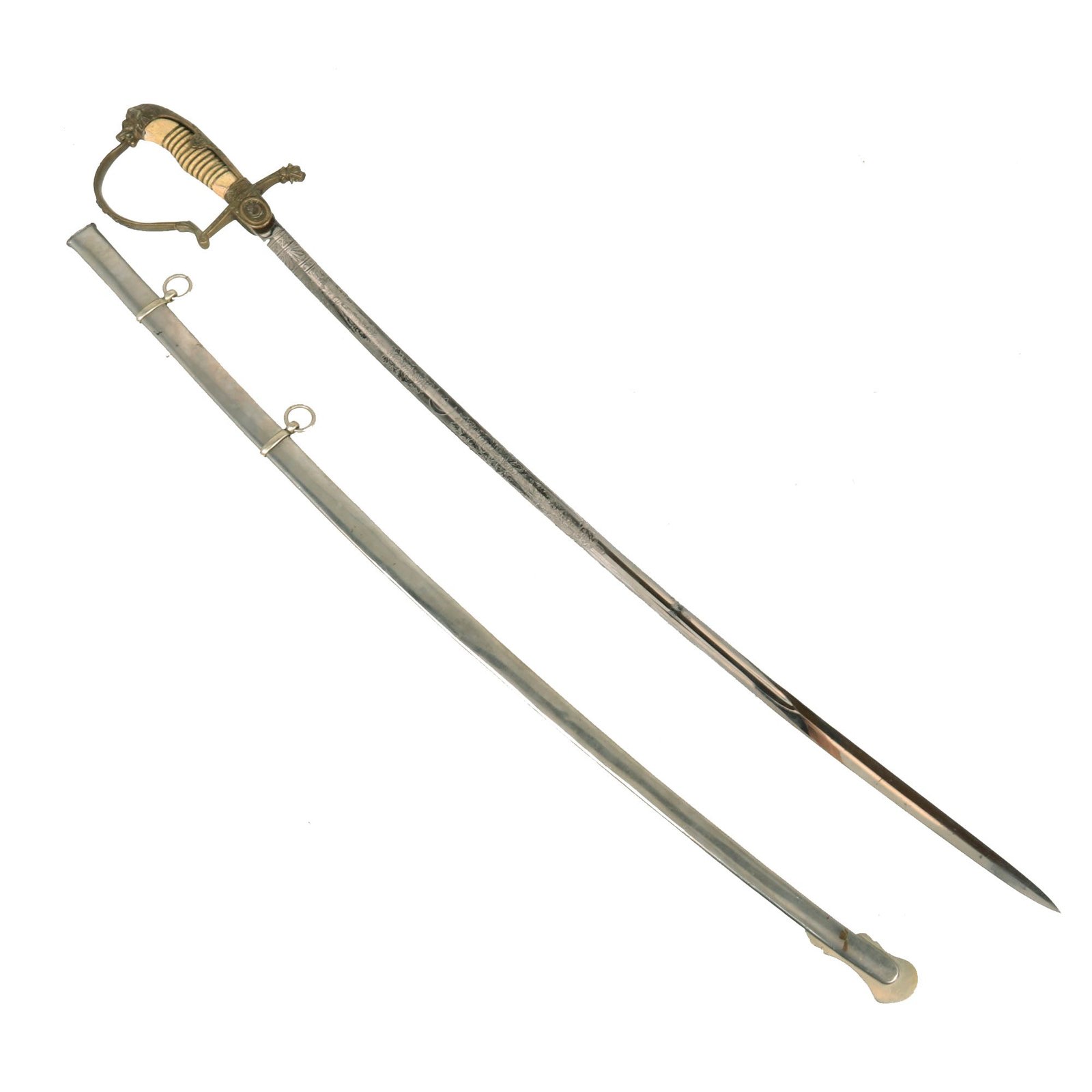 Buy Original Ottoman Empire WWI Triple Etched Turkish Officers German Lion’s Head Pattern Sword with Scabbard by Robert Hermes of Solingen | Original Firearms Antique For Sale