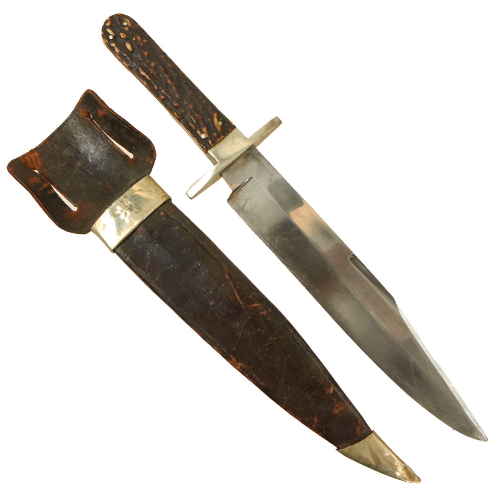 Buy Original U.S. Civil War British IXL Bowie Knife with Staghorn Grip Plates & Scabbard with Leather Belt Frog by G. Wostenholm & Son of Sheffield | Original Firearms Antique For Sale