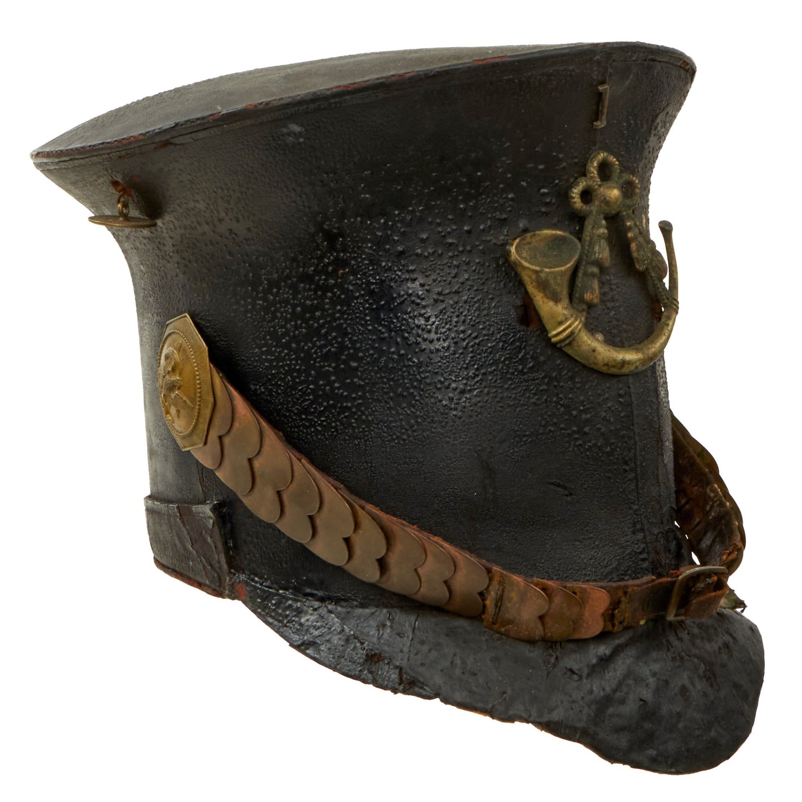 Buy Original U.S. First Indian War Era 1st Infantry Regiment Model 1824 Bell Crown “Tar Bucket” Shako with 1834 Pattern Infantry Badge & Chinscales | Original Firearms Antique For Sale