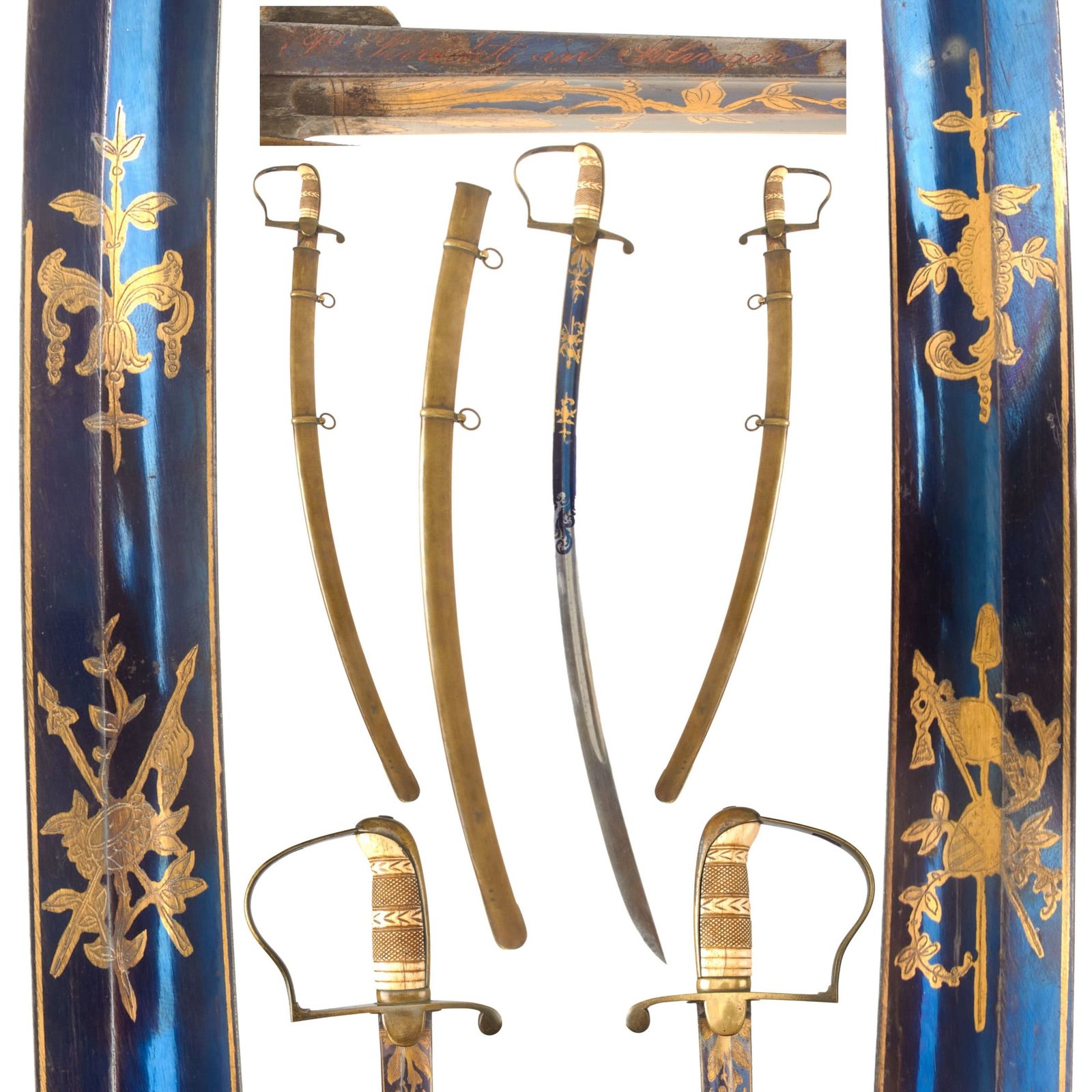 Buy Original U.S. Mexican-American War Era Mounted Officer’s Saber with Magnificent German-Made Fire-Blued Gold-Inlaid Blade & Scarce Brass Scabbard by Peter Knecht in Solingen | Original Firearms Antique For Sale