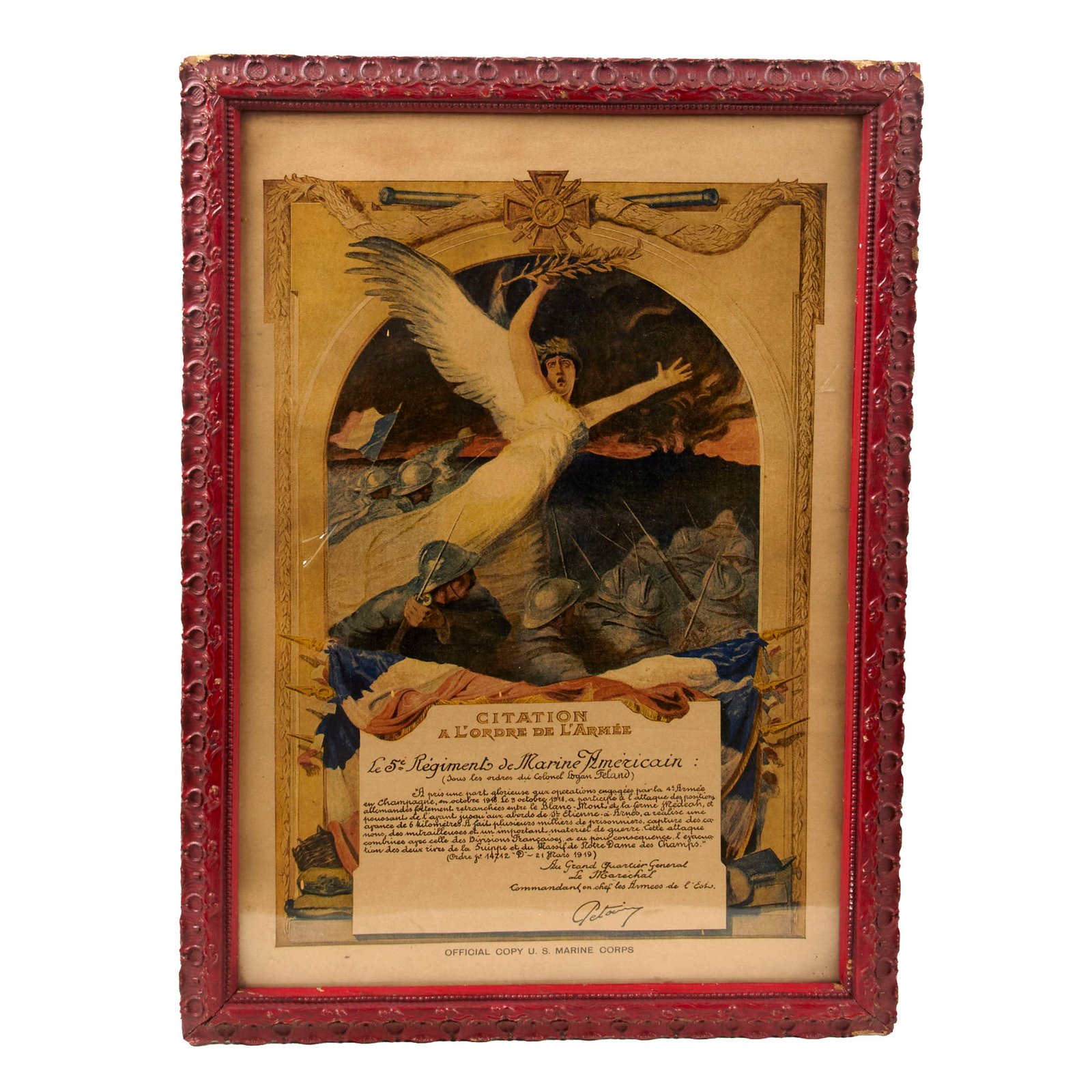 Original U.S. WWI French-Issued 5th Regiment Marine Corps Citation for Battle of Blanc Mont - 14 x 19 ⅞”