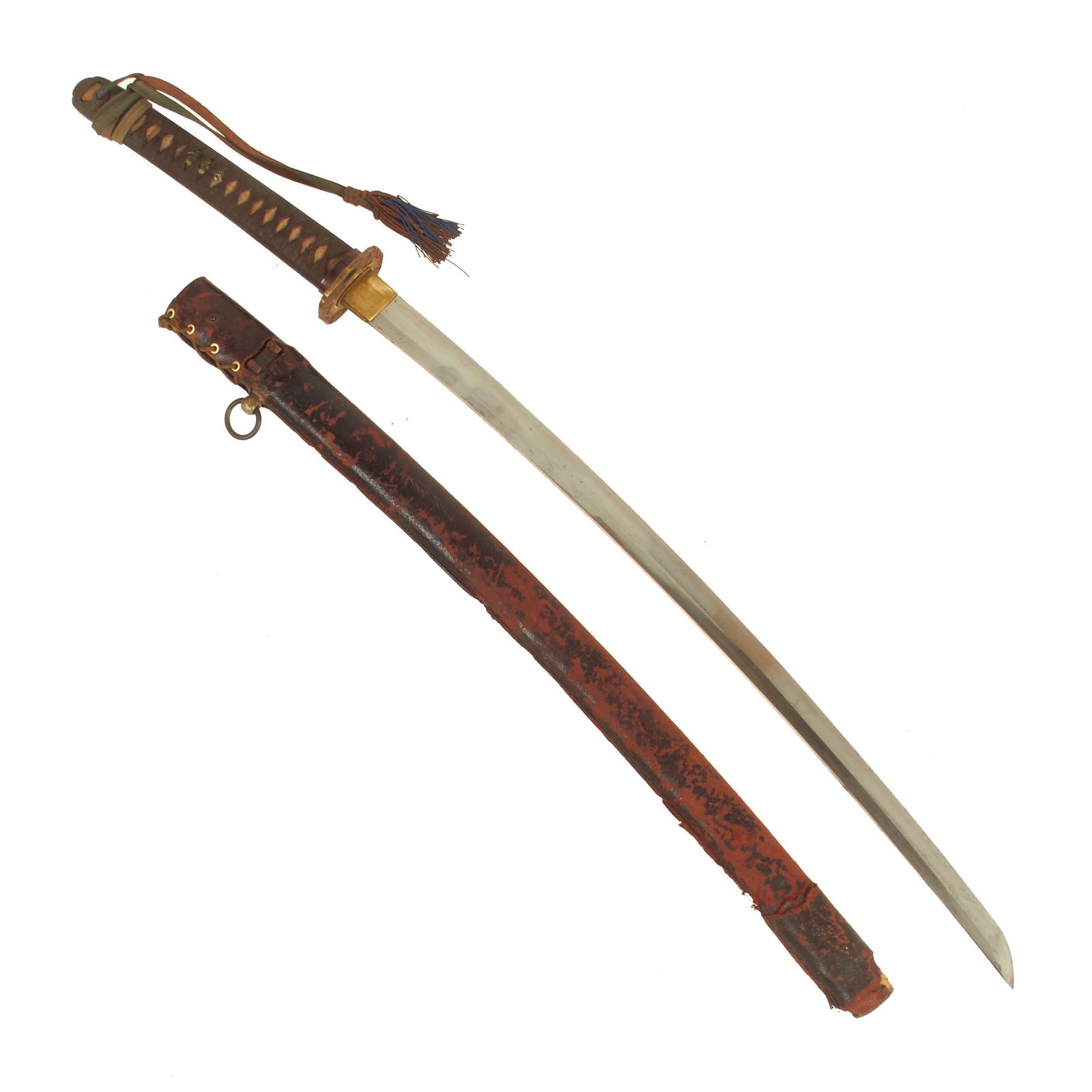 Buy Original WWII Japanese Type 98 Shin-Gunto Handmade Katana by KANEYOSHI with Tassel & Leather Covered Wooden Scabbard | Original Firearms Antique For Sale