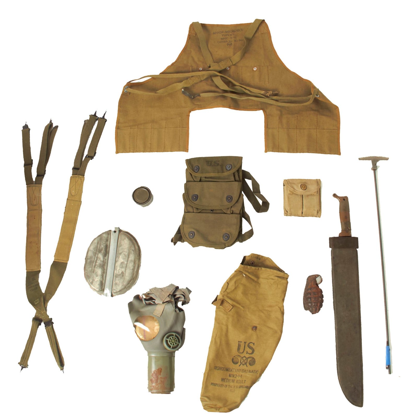 Buy Original U.S. WWII G.I. Field Gear Lot Featuring Mk II Pineapple Grenade Trainer and Machete - 11 Items | Original Firearms Antique For Sale
