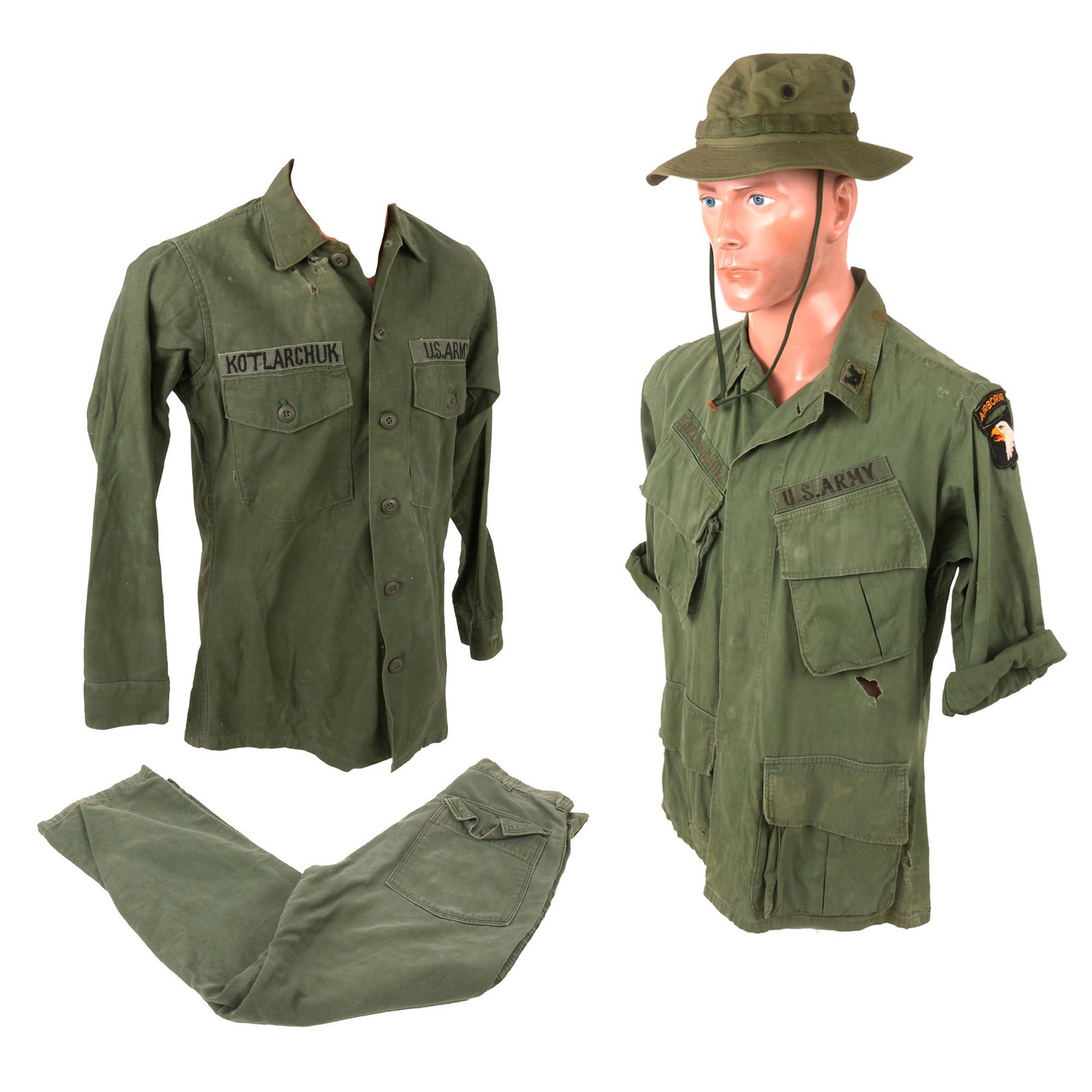 Buy Original U.S. Vietnam War 101st Airborne Third Pattern Jungle Fatigue Shirt, OG-107 Utility Shirt, & Boonie Hat Grouping with In-Country Made Insignia | Original Firearms Antique For Sale