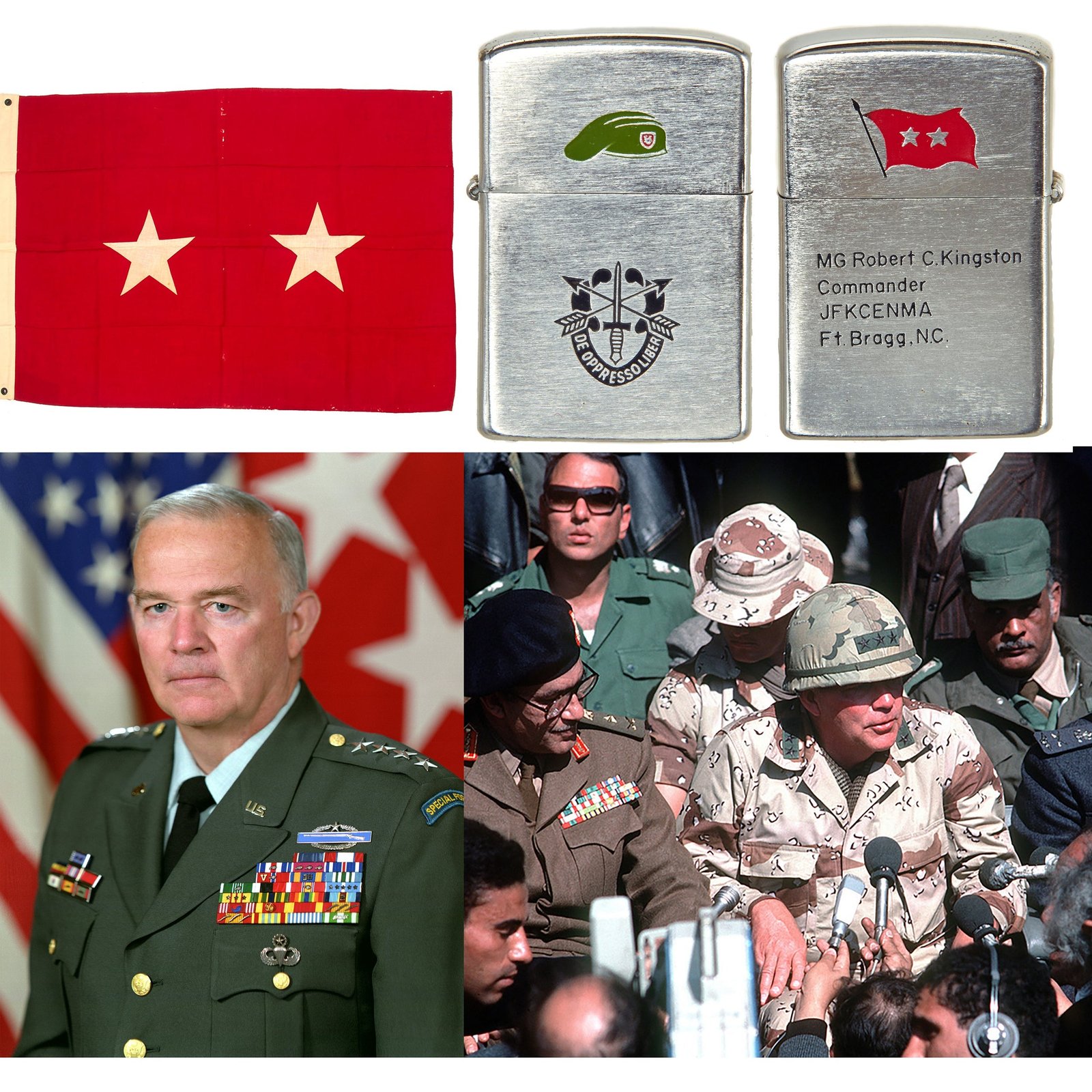 Buy Original U.S. Vietnam War Era Named Special Forces Major General Flag Grouping and Engraved Zippo Style Lighter for Distinguished Service Cross Recipient Major General Robert Kingston - Flag Measures 52” x 36” | Original Firearms Antique For Sale
