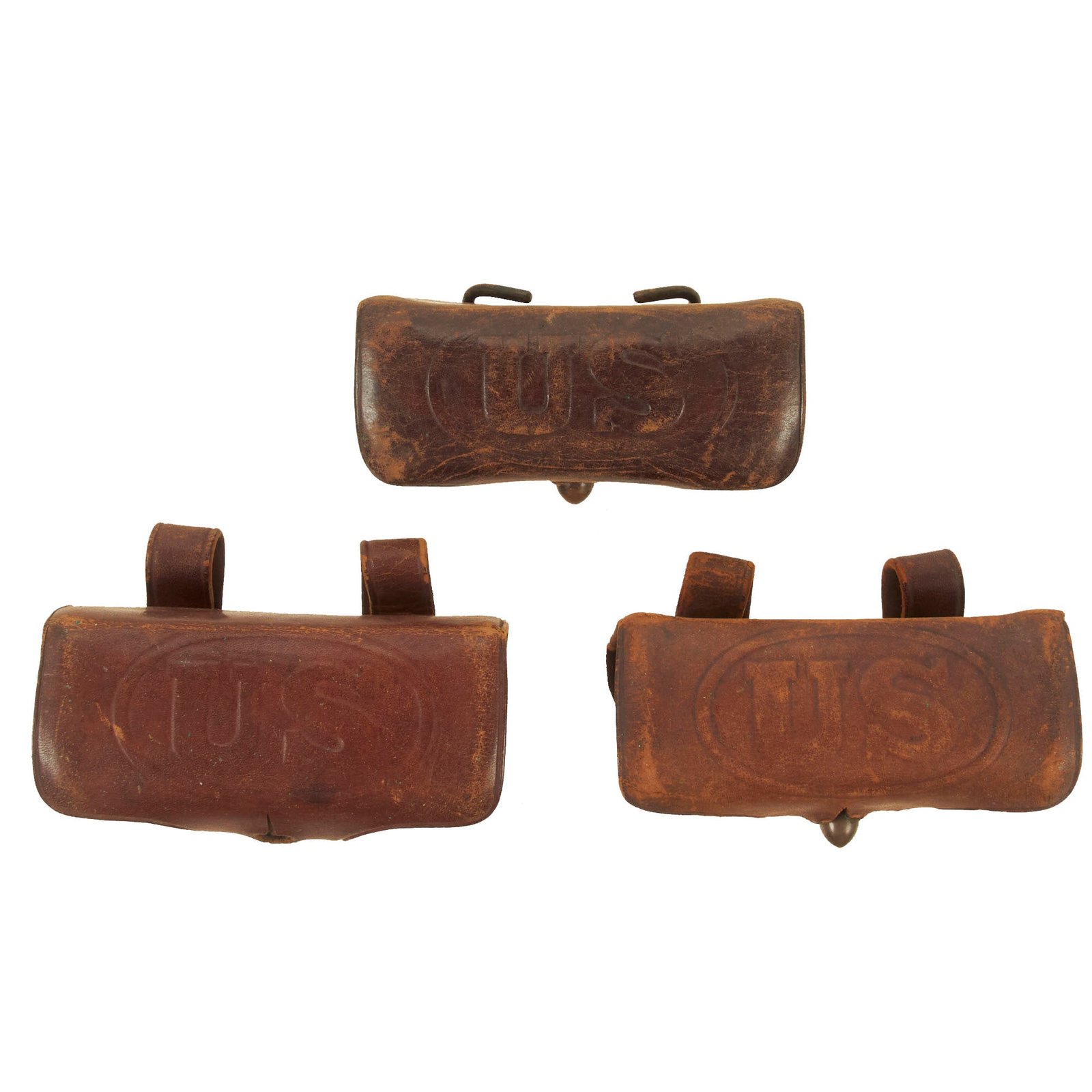 Buy Original U.S. Pre WWI Colt M1892 Revolver Ammunition Pouch Lot by Rock Island Arsenal - (3) Leather Cartridge Boxes | Original Firearms Antique For Sale