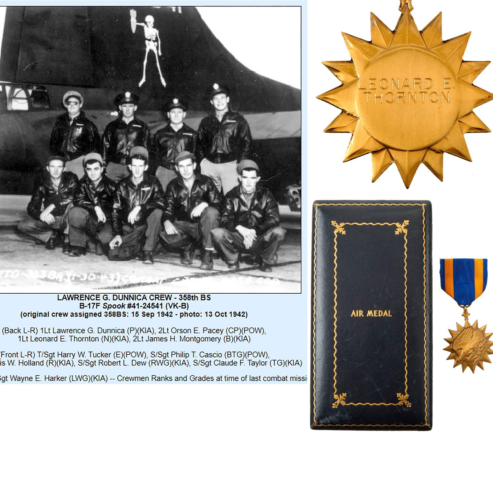 Buy Original U.S. WWII Name Engraved Air Medal With Case For B-17 “Spook” Navigator Lieutenant Leonard Thornton (M.I.A./K.I.A.), 358th Bombardment Squadron, 303rd Bombardment Group (Heavy) | Original Firearms Antique For Sale