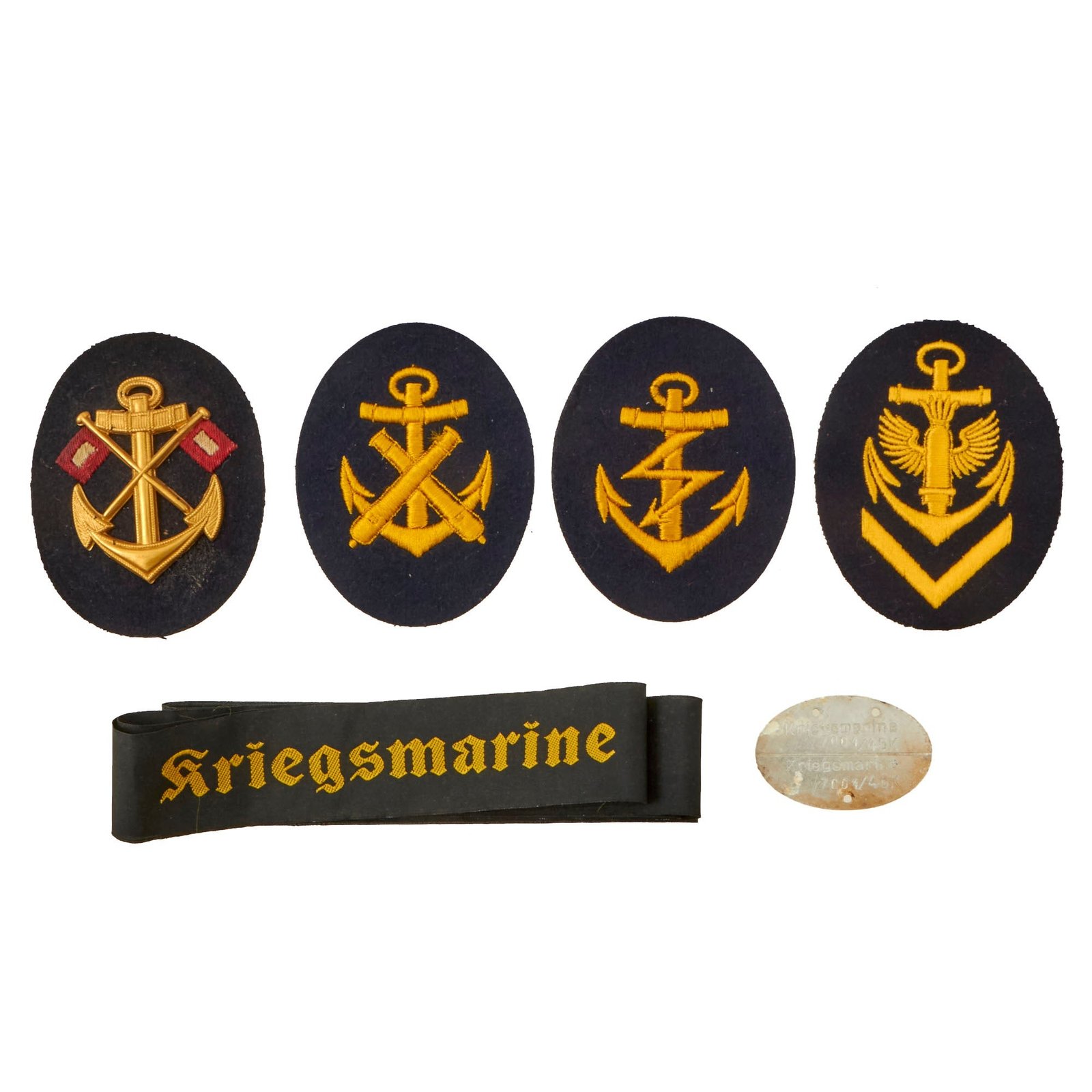 Buy Original German WWII Kriegsmarine Ratings Badges with Dog Tag and Cap Tally Grouping - 6 Items | Original Firearms Antique For Sale