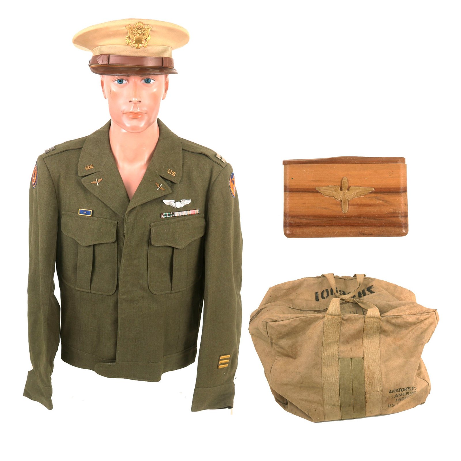 Buy Original U.S. WWII 8th Air Force Pilot Uniform & Visor with Reissued Aviator Kit Bag Named to B-17 Waist Gunner & Armored Engineer | Original Firearms Antique For Sale