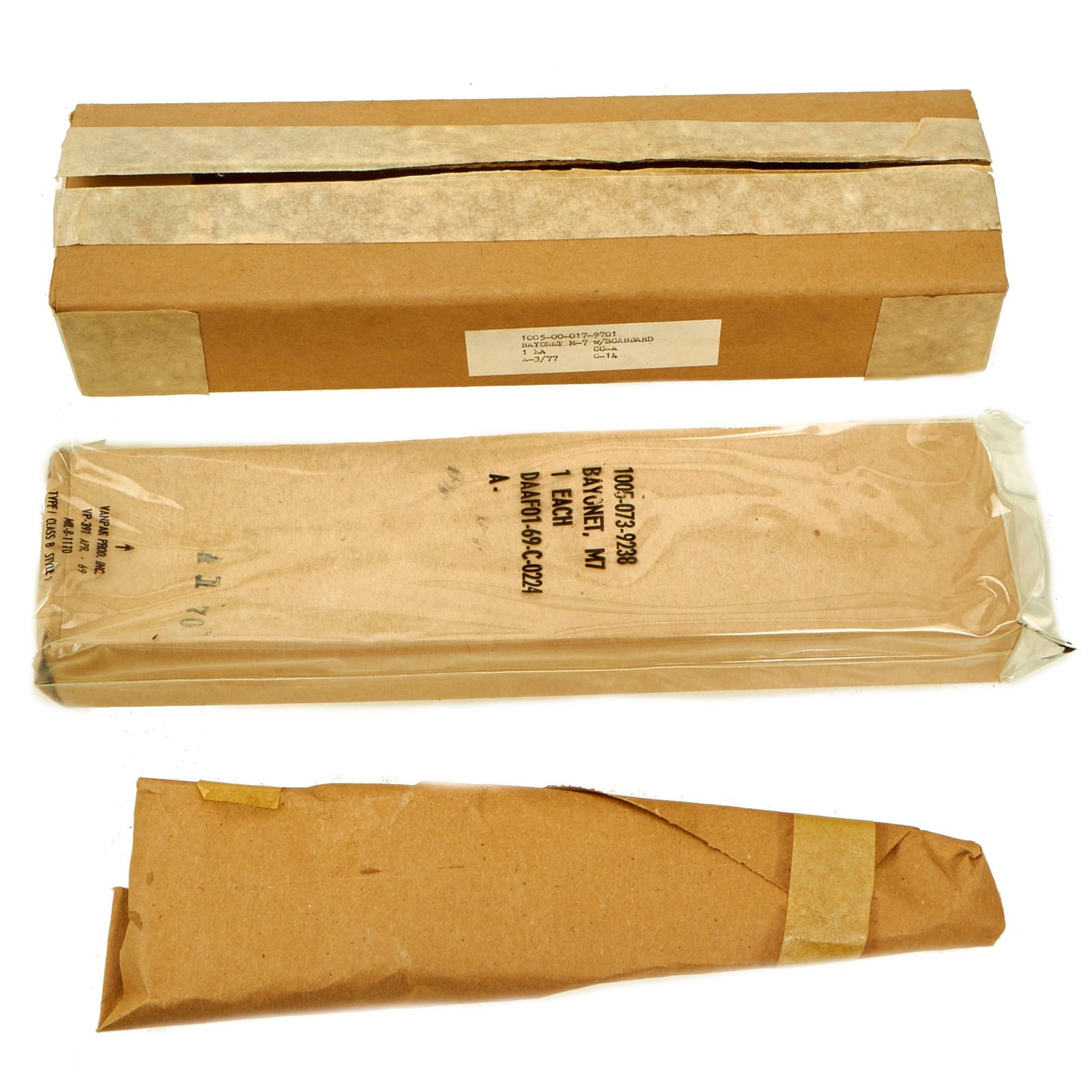 Buy Original U.S. Post Vietnam War Era Unissued M7 Bayonet for M16 Rifle with M8A1 Scabbard in Original Sealed Packaging - Dated 1977 | Original Firearms Antique For Sale