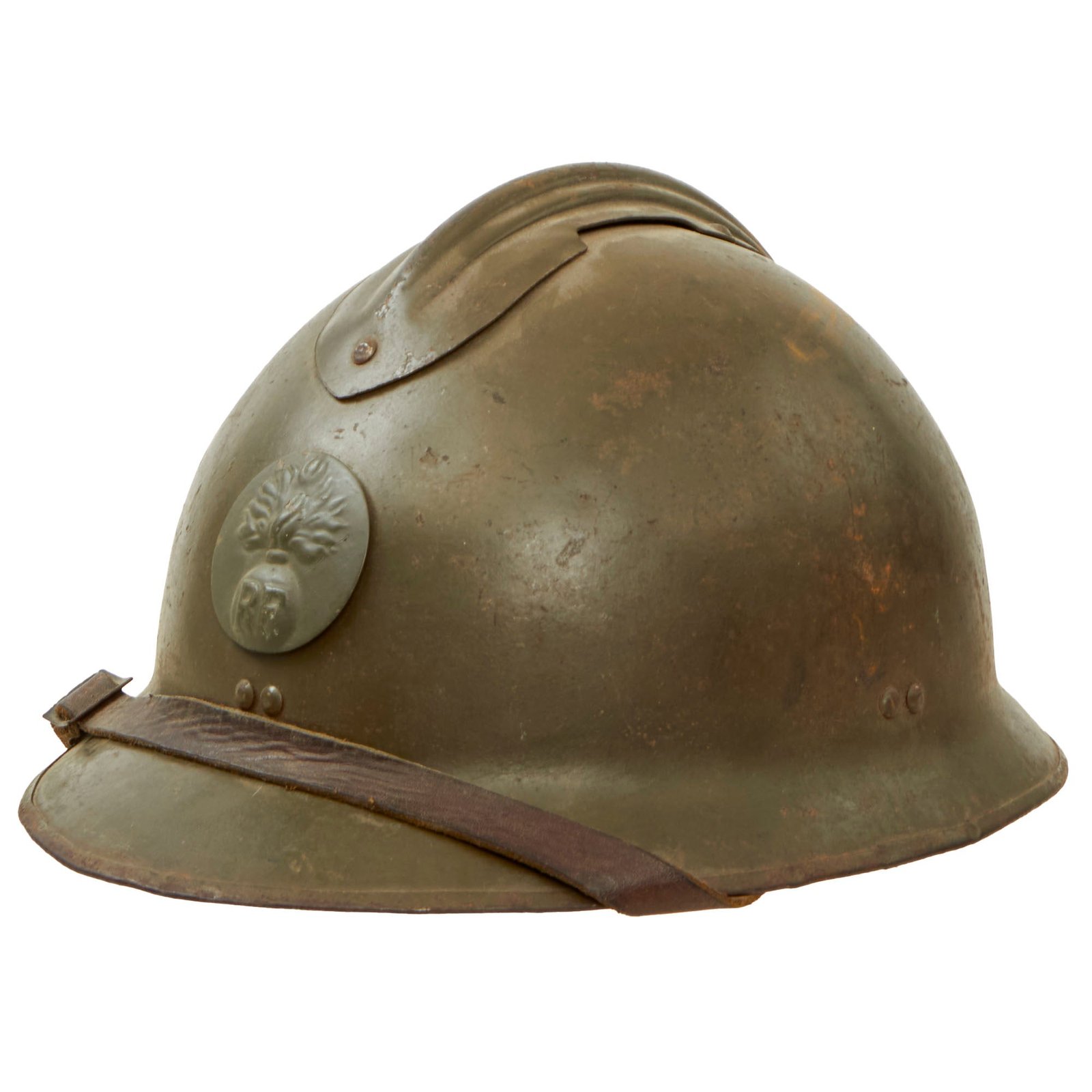 Buy Original French WWII Model 1926 Adrian Infantry Helmet with Liner & Chinstrap - Olive Green | Original Firearms Antique For Sale