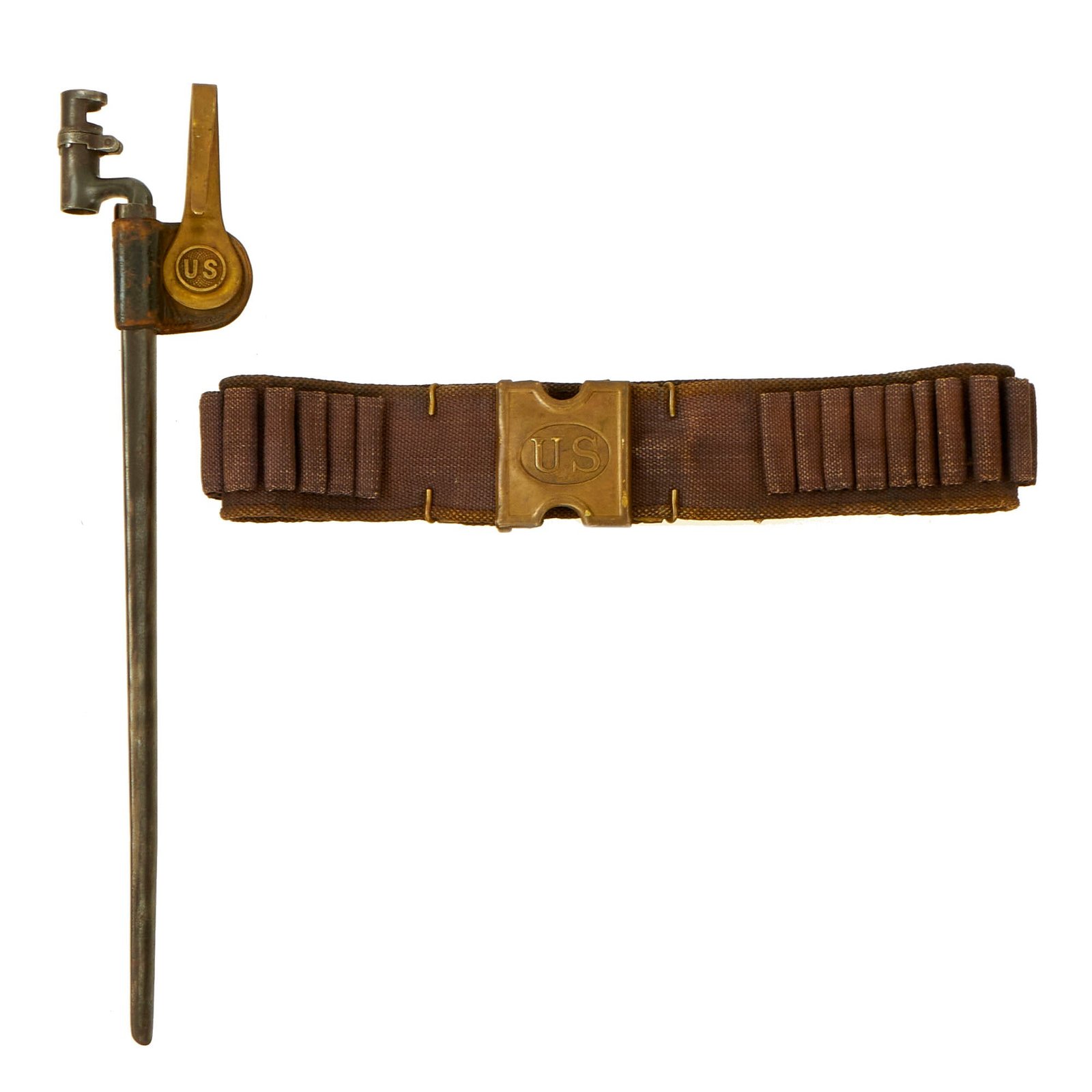 Buy Original U.S. Spanish American War Era .45-70 Krag Rifle Ammunition Belt by Mills & Orndorff and M1873 Rifle Socket Bayonet with U.S. Scabbard | Original Firearms Antique For Sale