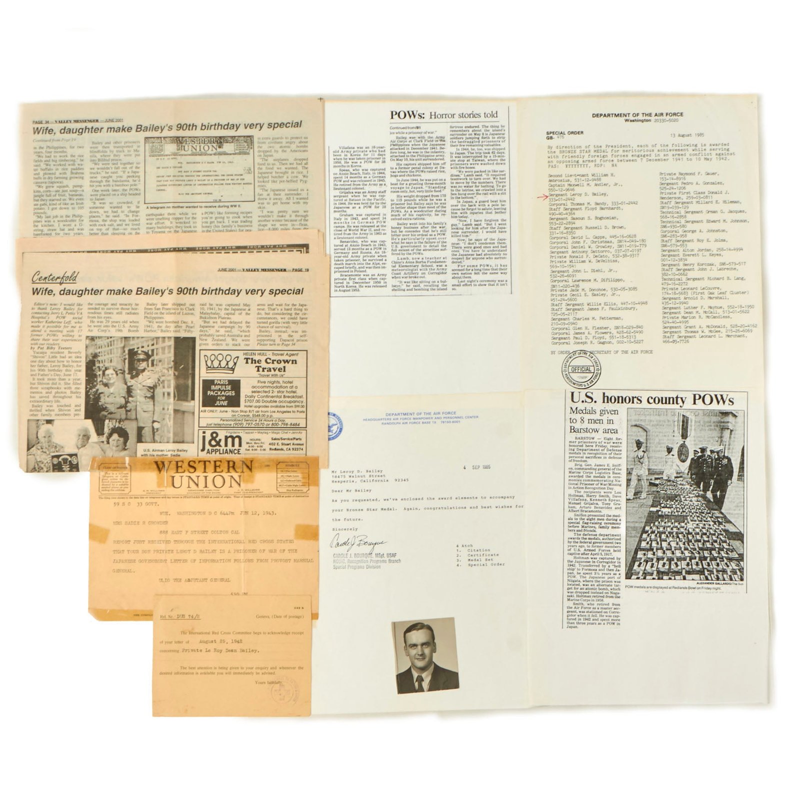 Buy Original WWII U.S. Army Air Forces Prisoner of War Telegram Group - Sergeant Leroy Dean Bailey - Bronze Star Recipient | Original Firearms Antique For Sale