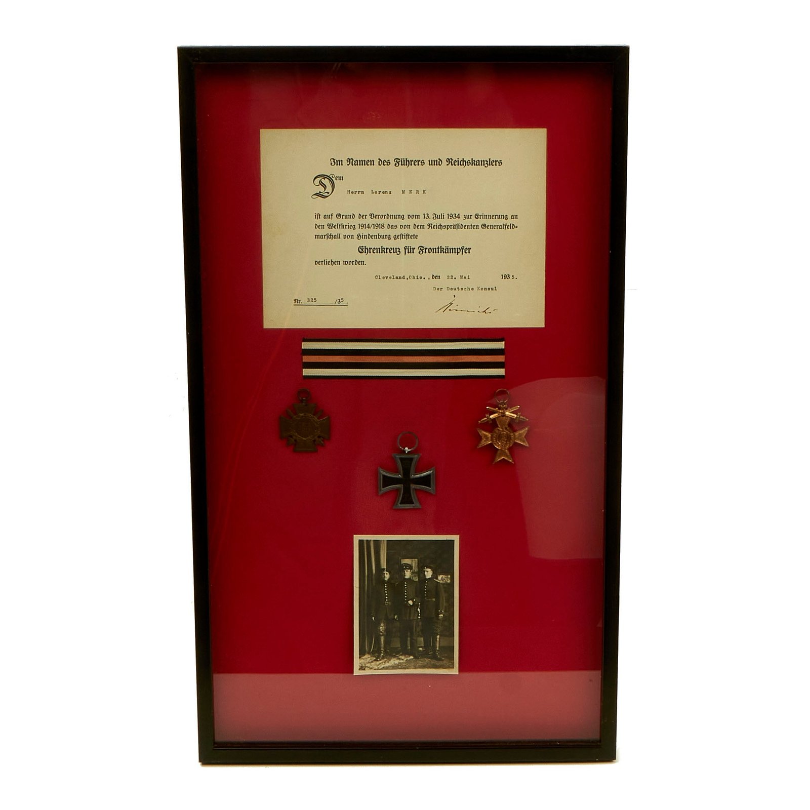 Buy Original German WWI Veteran Framed Award Grouping with Award Document from Ohio Consulate, 3 Awards & Photo - 12 3/4" x 21 1/2" | Original Firearms Antique For Sale