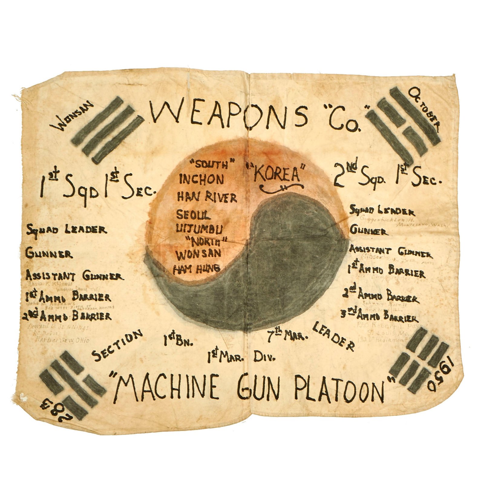 Buy Original U.S. Korean War South Korea Taegukgi Flag Signed by MG Platoon, Weapons Co., 1st Batt., 7th Marine Regt. - Dated 1950 & Presented To The Section Leader - 15" x 20" | Original Firearms Antique For Sale