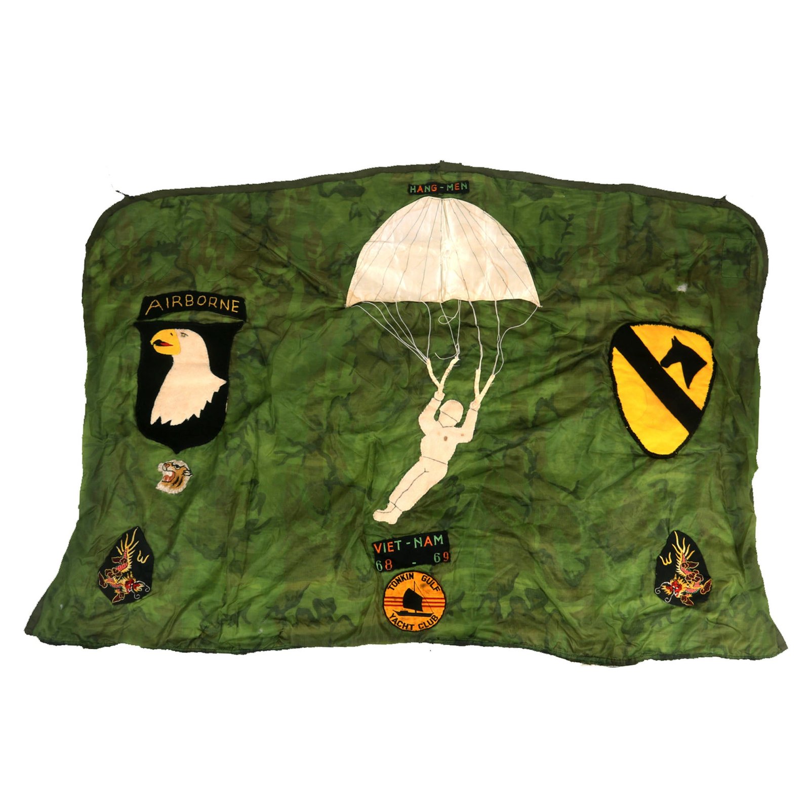 Buy Original U.S. Vietnam War 101st Airborne 1st Cavalry Custom-Sewn Wall Hanging Sheet with In Country-Made Insignia | Original Firearms Antique For Sale