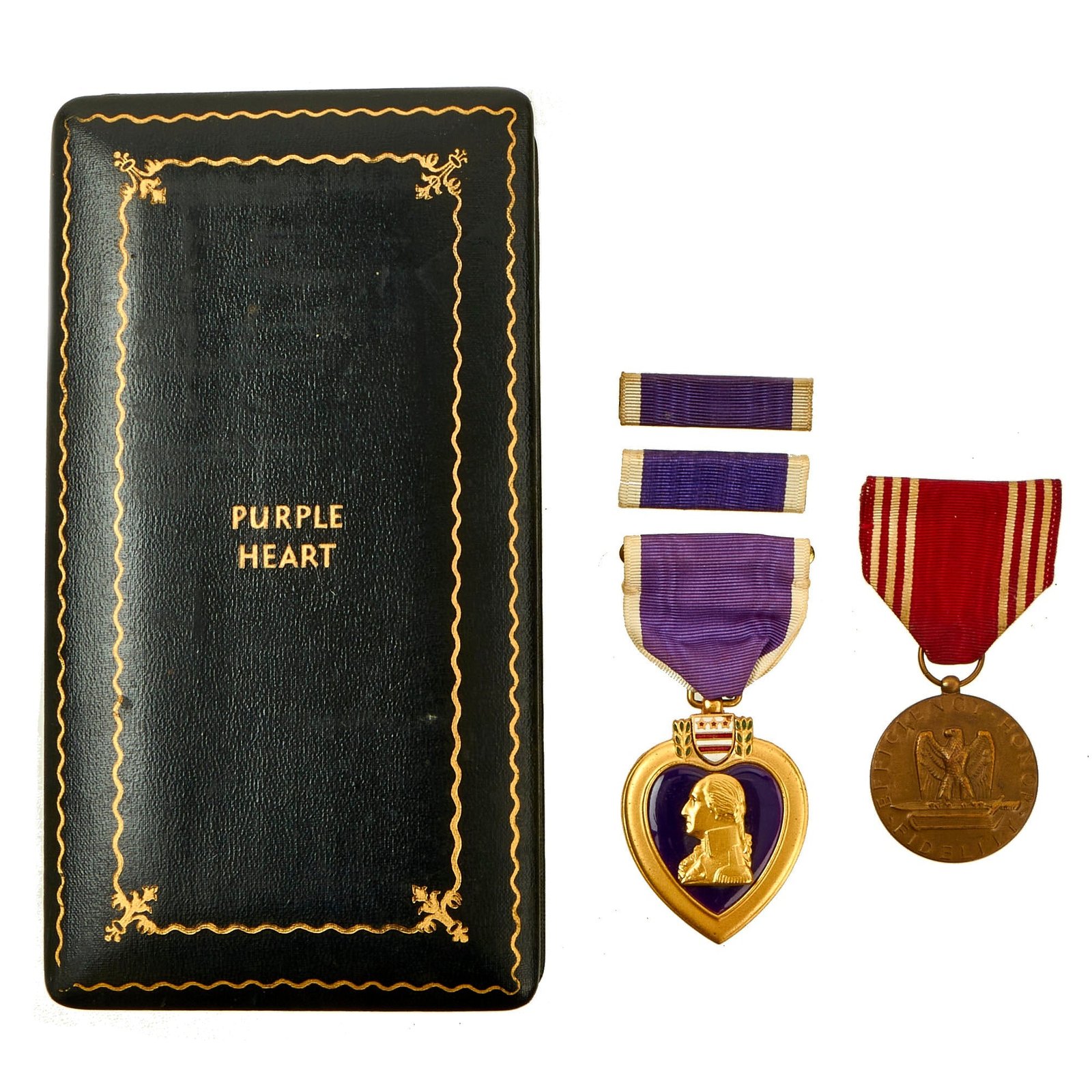 Buy Original U.S. WWII Purple Heart Medal Set With Presentation Case and US Army Good Conduct Medal Groupings | Original Firearms Antique For Sale