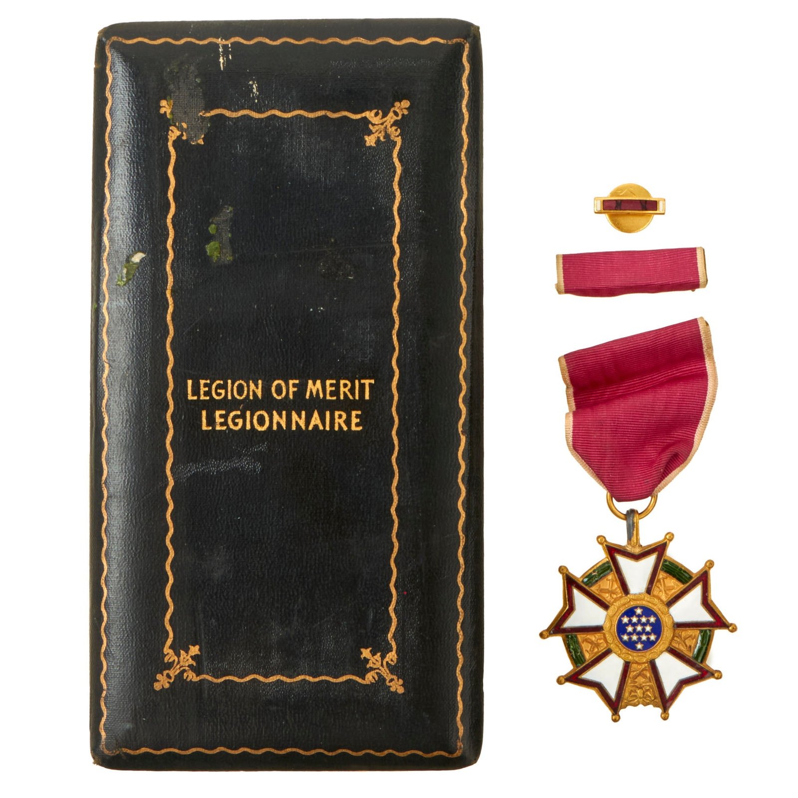 Buy Original U.S. WWII Legion of Merit Legionnaire Degree With Correct 1940’s “Gold Gilt” Full Wrap Brooch with Broken Pin and Lapel Device With Proper Case | Original Firearms Antique For Sale