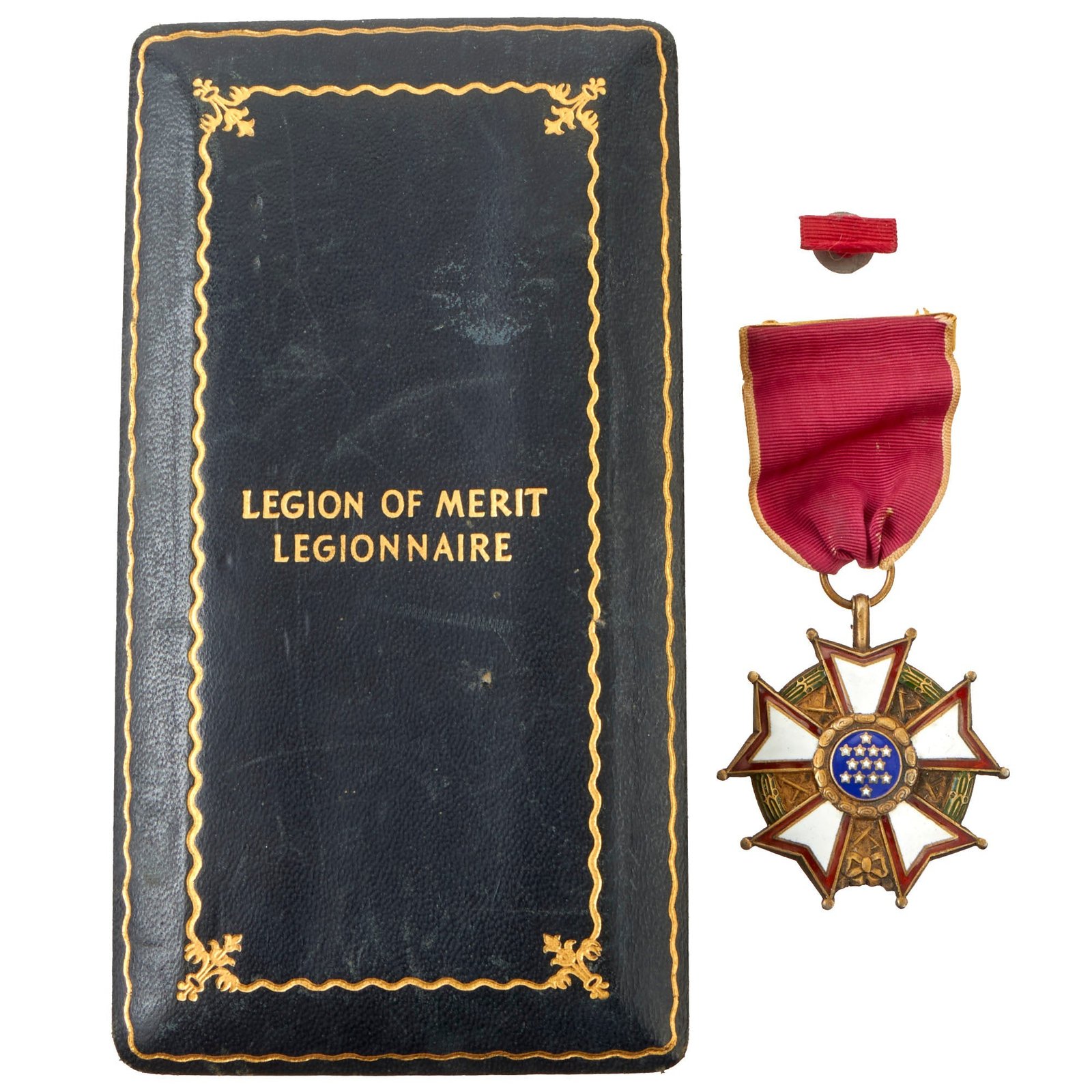 Buy Original U.S. WWII Legion of Merit Legionnaire Degree With Correct 1940’s “Gold Gilt” Full Wrap Brooch with Locking Catch and Lapel Device With Proper Case | Original Firearms Antique For Sale