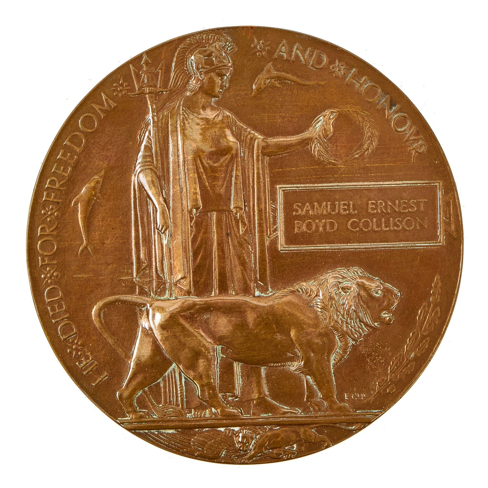 Buy Original British WWI South African 1917 KIA (At Ypres/Passchendaele) Death Penny Soldier Memorial With Research - Pte Samuel Ernest Boyd Collison, 4th SA Infantry Regiment | Original Firearms Antique For Sale