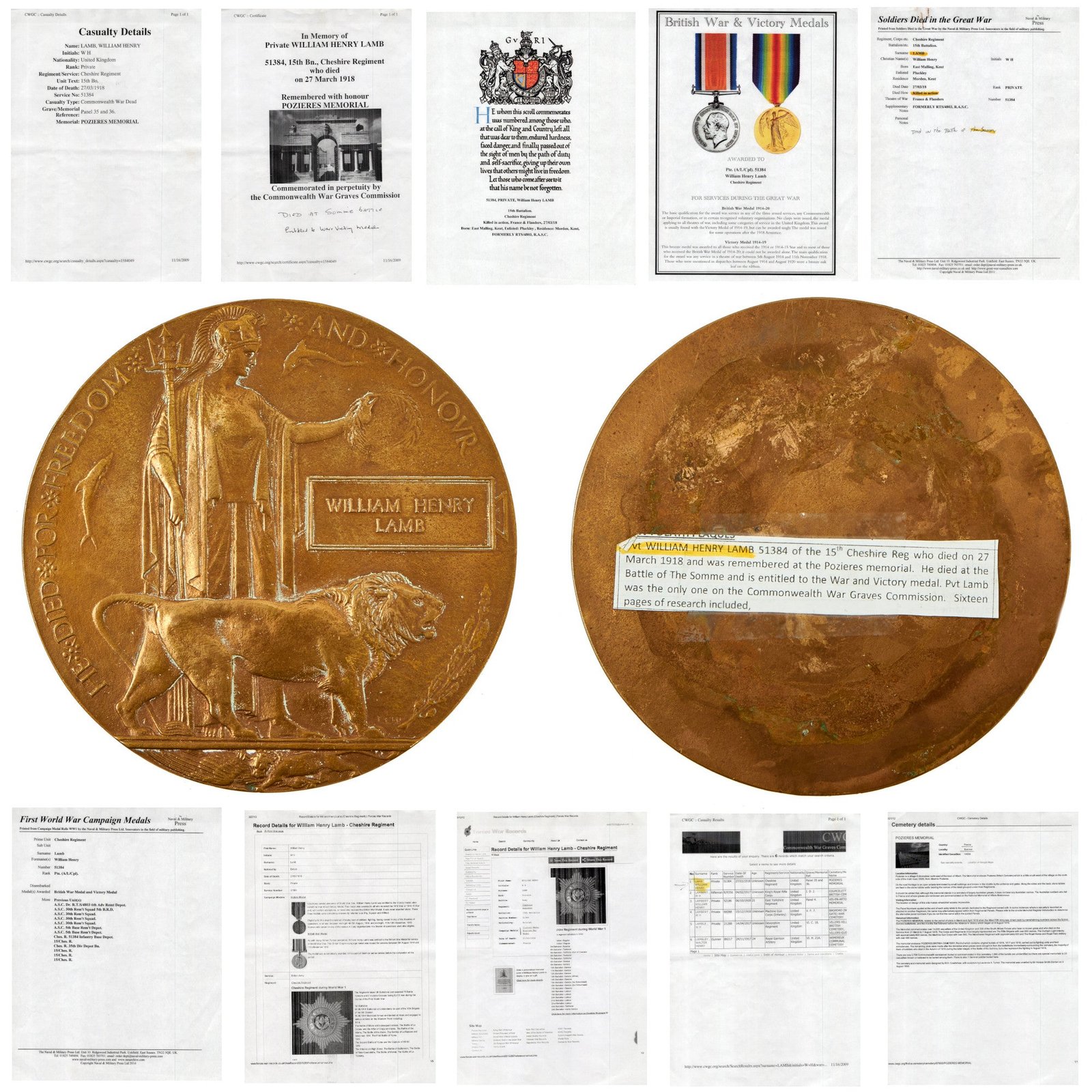 Buy Original British WWI 2nd Battle of the Somme KIA 1918 Death Penny Soldier Memorial With Research - Pte William Lamb, 15th Battalion (1st Birkenhead Cheshire Regt.) “Birkenhead Bantams” | Original Firearms Antique For Sale