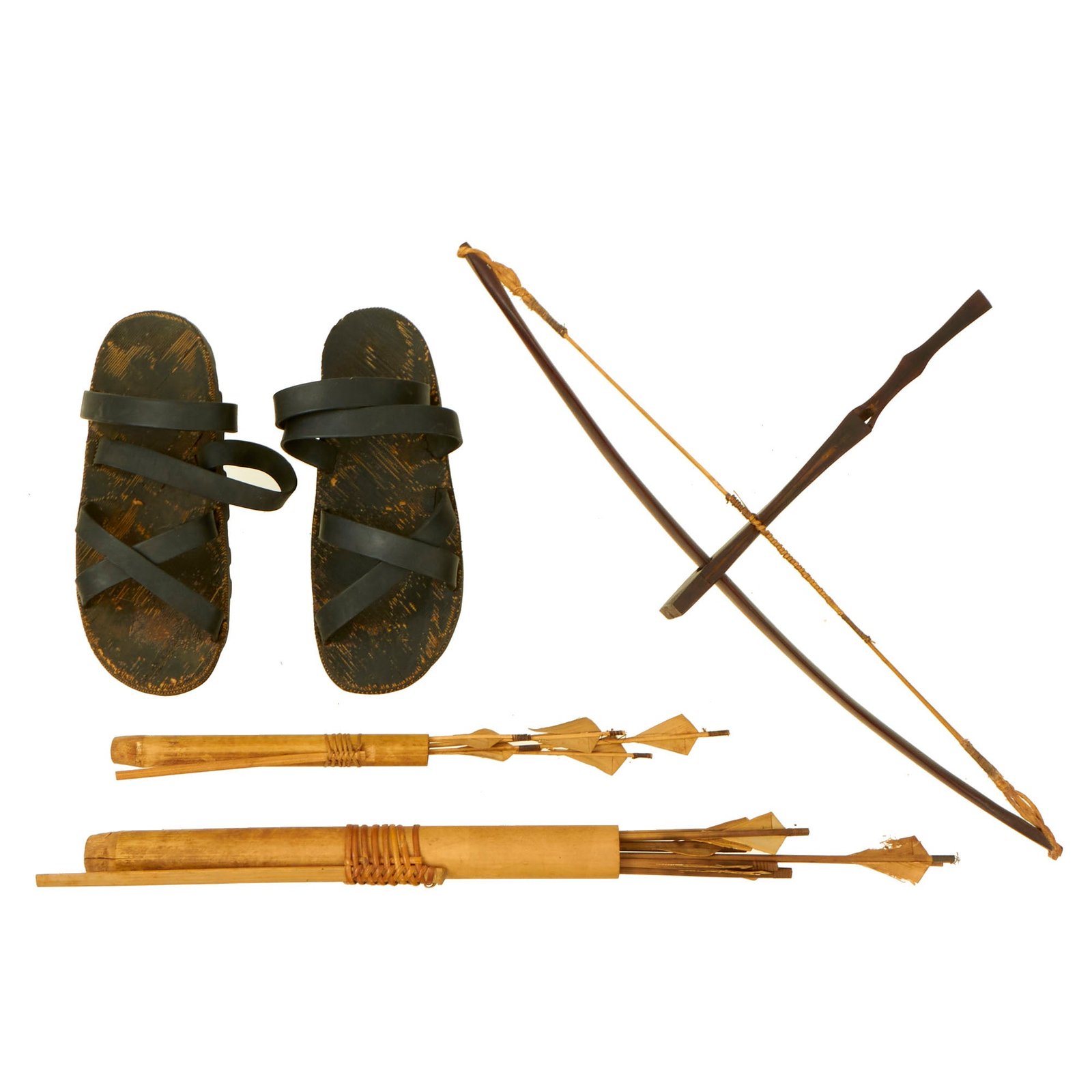 Buy Original U.S. Vietnam War Montagnard Crossbow with Numerous Bolts In Quivers With “Ho Chi Minh” Sandals - Sent Home By Major Robert Cooper, 44th Medical Brigade | Original Firearms Antique For Sale