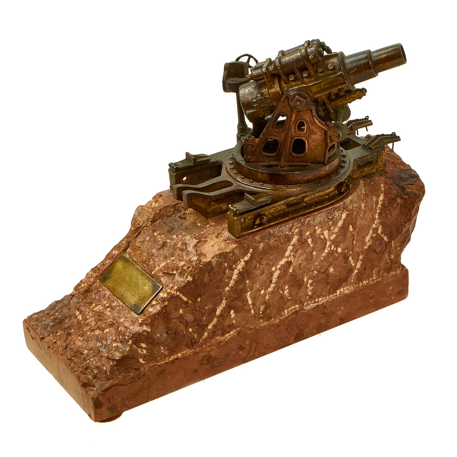 Buy Original WWI Austro-Hungarian Bronze Model Skoda 305mm Artillery Piece on Red Marble Base Commemorating Archduke Ferdinand's 1916 Visit | Original Firearms Antique For Sale