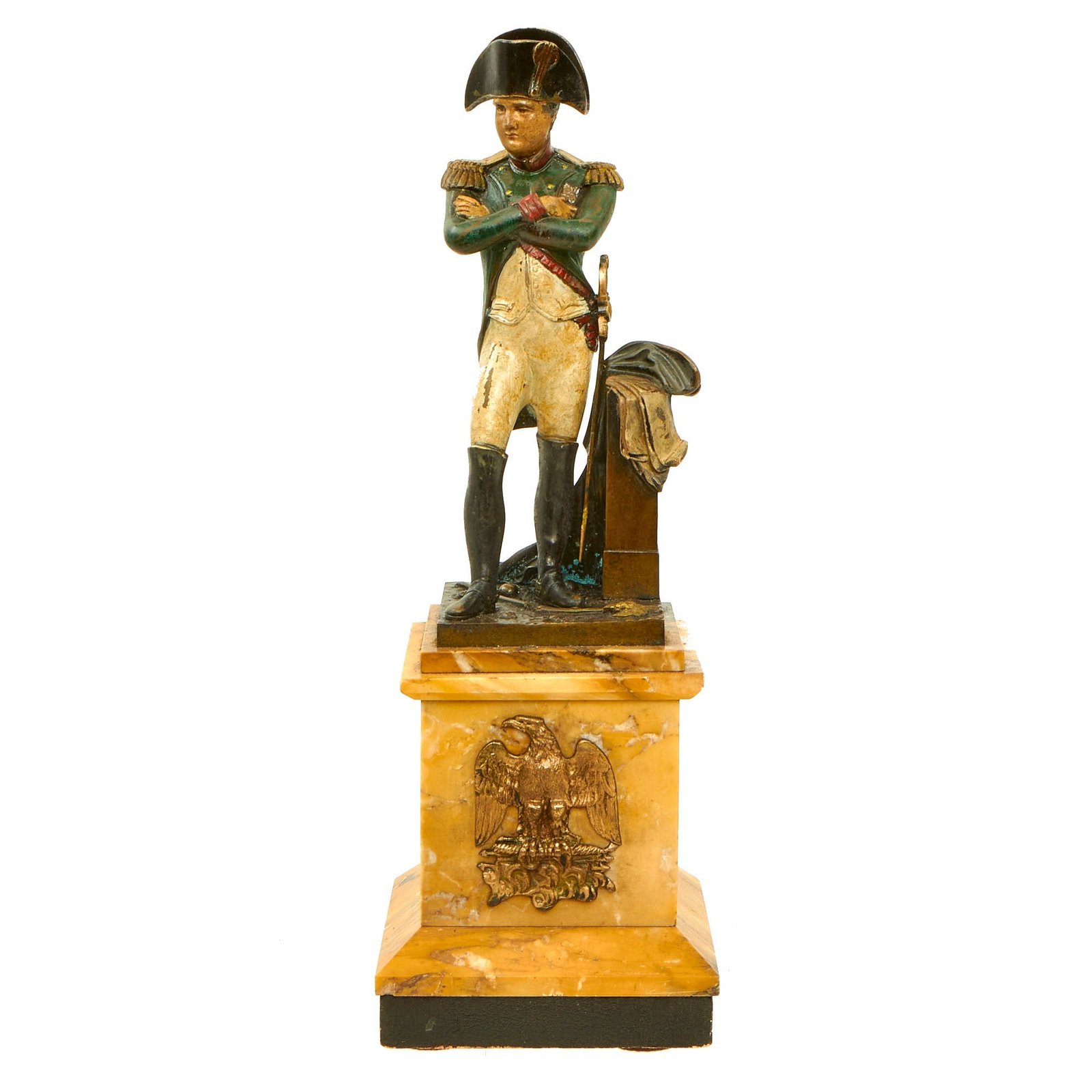 Buy Original French Mid 19th Century Painted Bronze Statue of Napoleon I Wearing Green Colonel Uniform of the Chasseurs à Cheval mounted on Marble Base | Original Firearms Antique For Sale