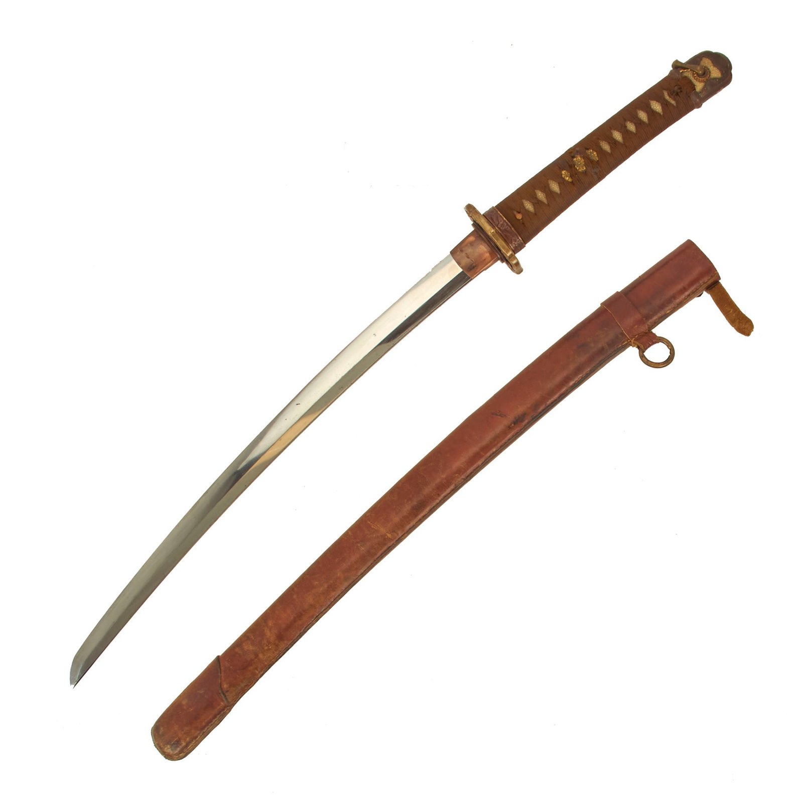 Buy Original WWII Japanese Type 98 Shin-Gunto Wakizashi Sword with Ancient Handmade Blade & Leather Covered Scabbard | Original Firearms Antique For Sale