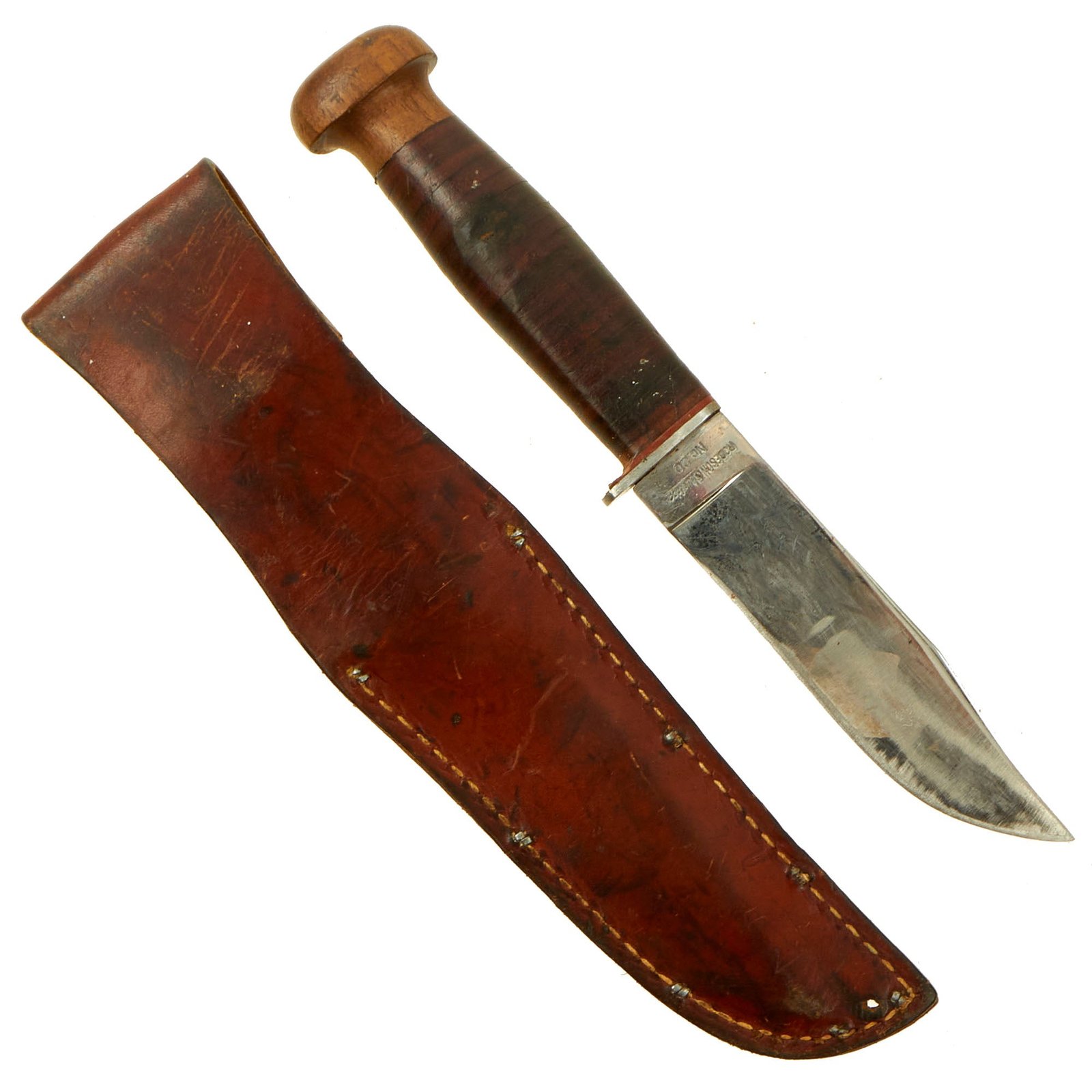 Buy Original U.S. WWII USN Mark 1 Robeson ShurEdge No. 20 Fighting Knife with Wood Pommel and Leather Scabbard | Original Firearms Antique For Sale