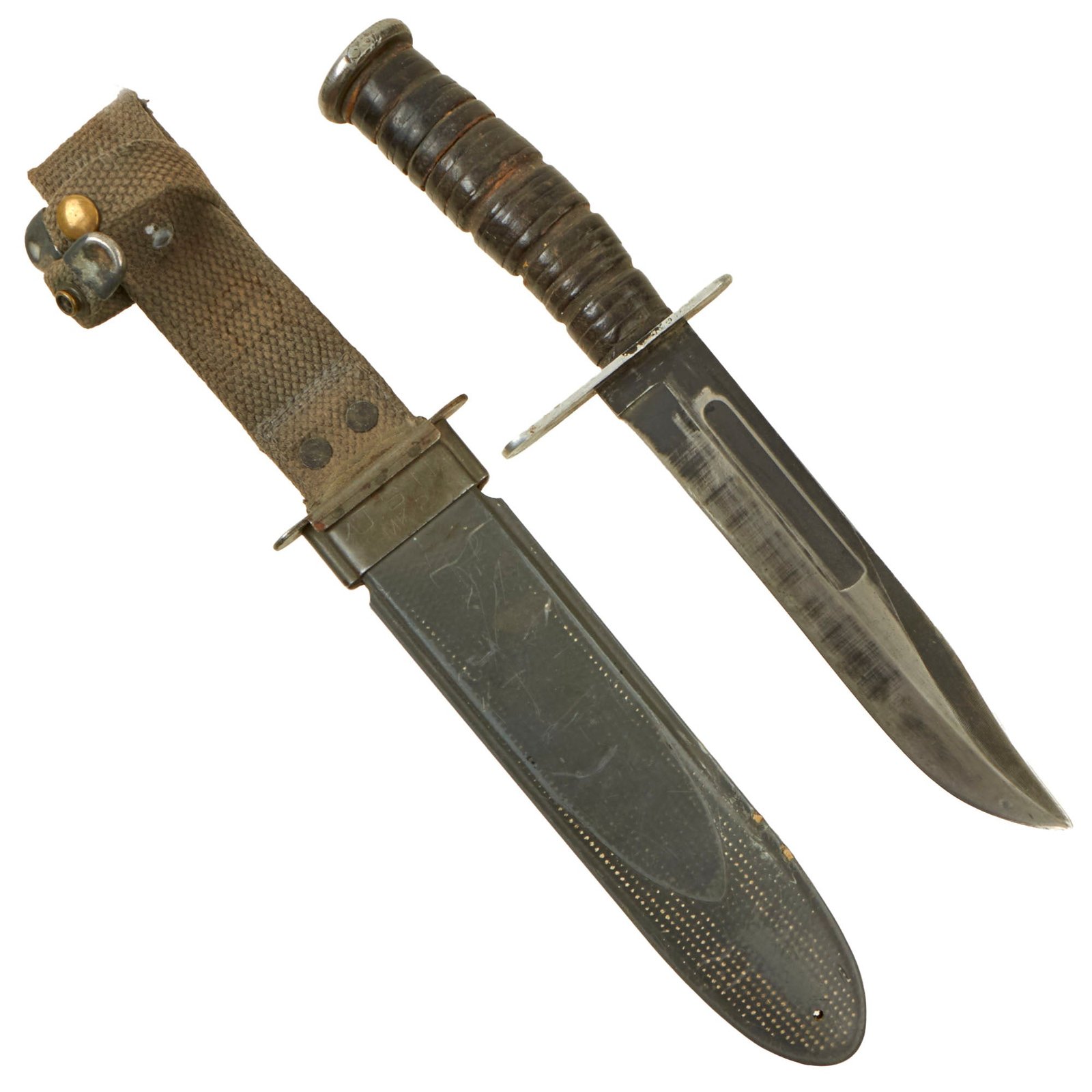 Buy Original U.S. WWII Late War Soldier-Modified Navy Mark 2 KA-BAR Fighting Knife with Longer Crossguard & Shifted Hilt in U.S.N. MK2 Scabbard | Original Firearms Antique For Sale