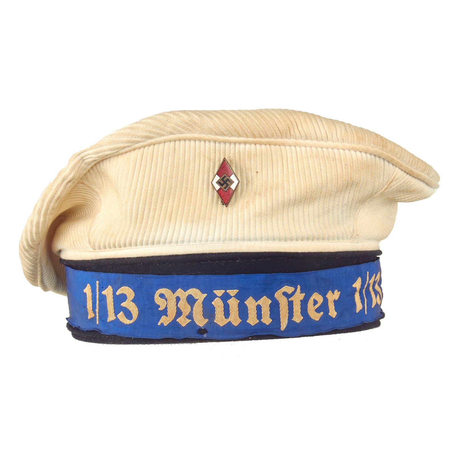 Buy Original German WWII Naval HJ Marine Tellermütze "Donald Duck" Cap by Aug. Geiger with White Corduroy Top & 1/13 Münster Tally | Original Firearms Antique For Sale